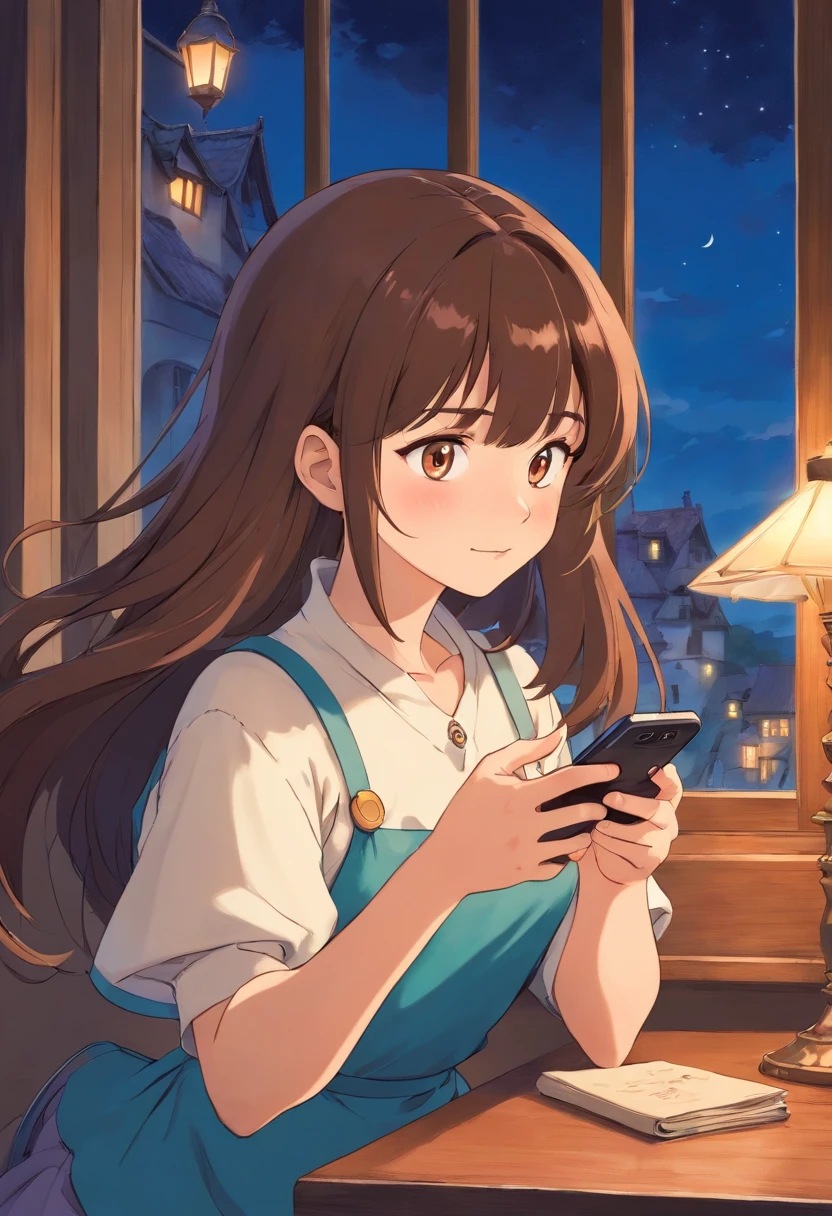 Witch Delivery Service,Girl playing with her phone by the window,Medium length brown hair，The upper part of the body，grieves，Ghibli style,Background of living in Croatia，the night，The light outside the window was dim，The overall tone is blue