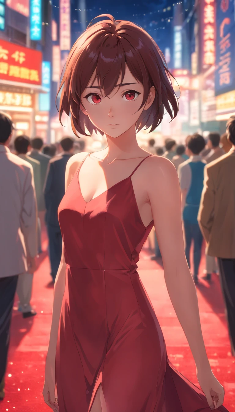 Kilometer net, (Sharp focus:1.2), Photo, Attractive young woman, (Beautiful face:1.1), Detailed eyes, lusciouslips, (Eye makeup:1.2), bodyfreckles, (Medium breasts:1.0), (Tight body:1.2),  Wearing (slit dress:1.2) In (Red carpet events:1.2). (Moody lighting:1.2), Depth of field, Bokeh, 4K, hdr. By (James S. Christensen:1.2|JeremyLipking:1.1).
