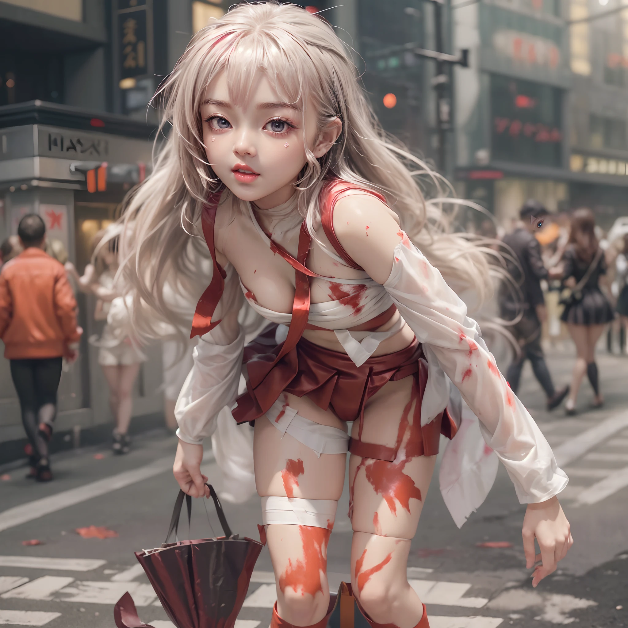 (((SFW, NSFW STILL SHOW, 12 Tiny Girls in a row:1.2, Shibuya Hachiko-mae scramble crossing on Halloween:1.2))), ((masterpiece:1.2, best quality, photorealistic:1.37)), { (Standing Full Body:1.2)|(from below:1.2) }, { bandaged full body }, { bandaged head | bandaged limbs | (( bleeding from pussy )) }, {((naked bandage))|metallic red nipple stickers}, {(bloody)|blood paste|(Blood-stained bandages| bloody inner thighs)}, ((Detailed KAWAII face, Detailed glistening ivory skin)), {Bustling street|Crossroads|(Passerby schoolgirls)| halloween| neon}, {(Childish:1.2|Gigantic Cleavage:1.37|Underboob:1.2)}, {Red leather high collar| Hair ornaments |shotgun|random hair colors}, {Floating hair|Strong wind|(((Ass focus, open thighs)))| (flying magic) | (Skirtlift)}, {(Kissing face to face)|:p|:d|laugh|sparkle|joyful|delighted|Drunk},extremely Detailed,