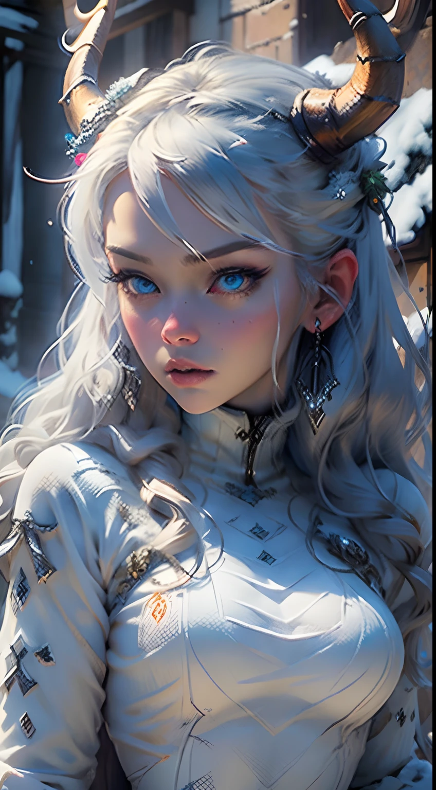 Masterpiece,Top image quality,hight resolution,Very detailed and realistic,Best Wallpaper Creations,Majestic snowy mountain dungeon,A snow woman is standing,Very beautiful,Horned monsters are around