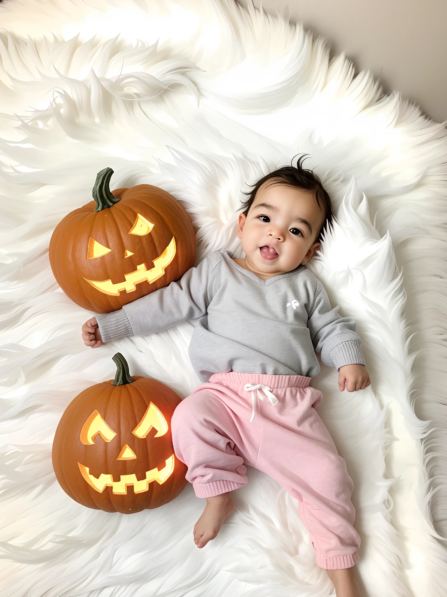 On a white blanket lies a baby with two carved pumpkins, Holding a jack in his hands - O - lantern, in a halloween style, cutest, Halloween, spooky filter, future!!, edited, october, pumpkin, Pumpkin, Cute!, next gen, Cute, halloween theme, with a creepy filter applied, adorable, Amazing!, Zhutkoe photo, painfully adorable, 🍂 Cute