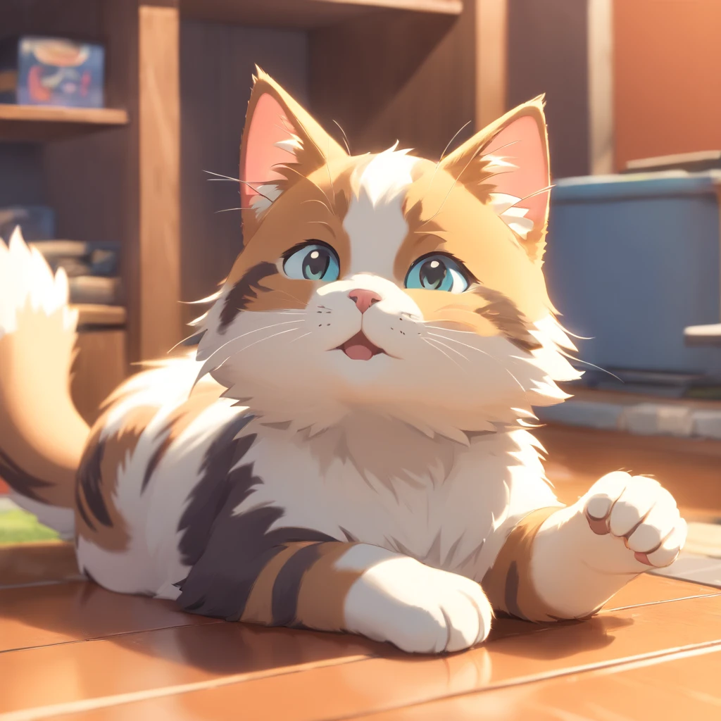 Little cute isometric cat emoji, Tuxedo jack, calico cat, hairy pubic,cute big breasts, Pet shop background, soft and muted colors, 3d icon clay rendering, Spring: 120mm, 3D blender rendering, trending on polycount, modular constructivism, Orange background, physically-based renderingt, The kitten in the middle raised her hand
