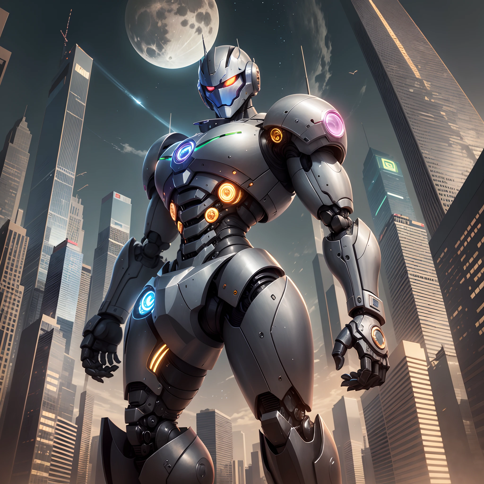 a robot with many colors and metal muscular in the moon fighting with the army of skyscrapers, skyscrapers looking good enough to fight with and scene should be in animated feature with bright colors. --auto --s2