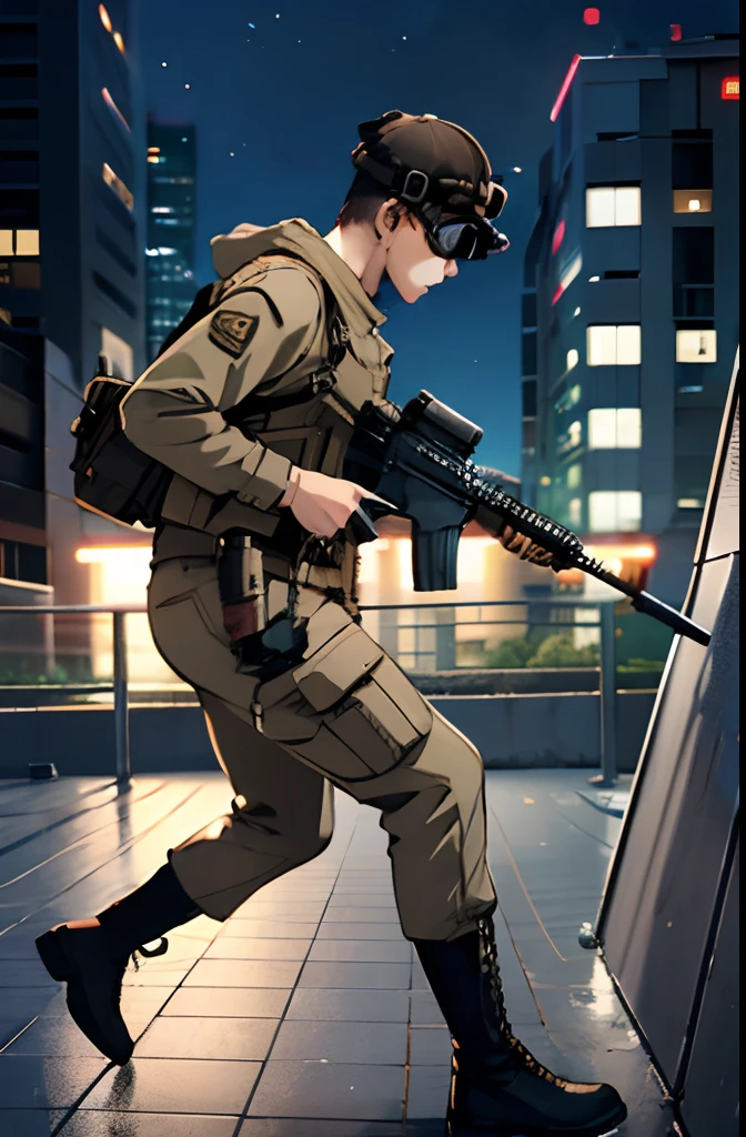 male people、独奏、Black goggles、long boots、 Full body, Running、Shot from the side、How to hold and aim a weapon、Handgun、Realistic, Shoulder holster, On the roof of a building、nighttime scene