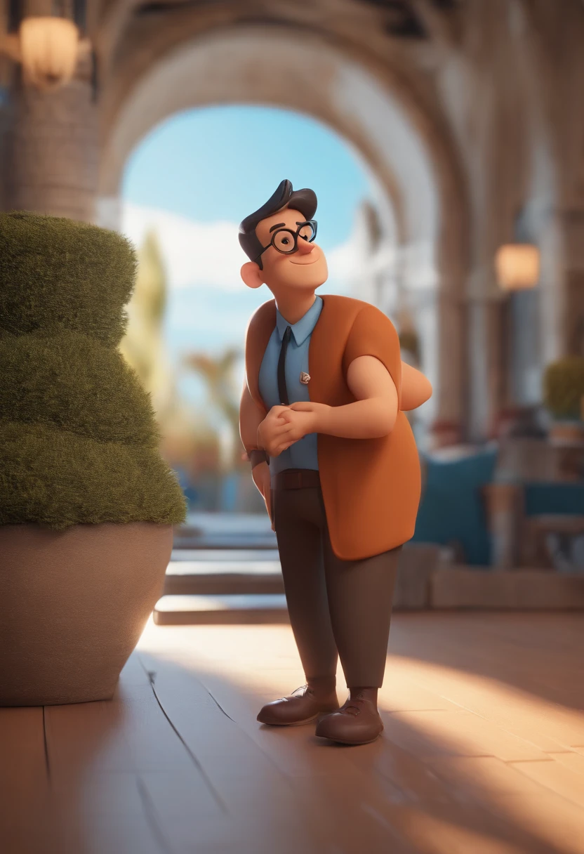 Cartoon character of a man wearing black glasses and a blue shirt, um personagem animado, Caractere estilizado, animation style rendering, 3D estilizado, Arnold Maya render, 3 d render stylized, toon render keyshot, Personagem 3D, Personagem 3D, 3d rendering stylized, 3 d character render, personagem de desenho animado, Personagem de close up, Pose de personagem, (Estilo Pixar) (master part:1.2) (Bokeh) (best quality) (pele detalhada) (textura detalhada) (8k) (argila) (Cinematic lighting) (foco nítido,Senta e vaza a parte superior do corpo