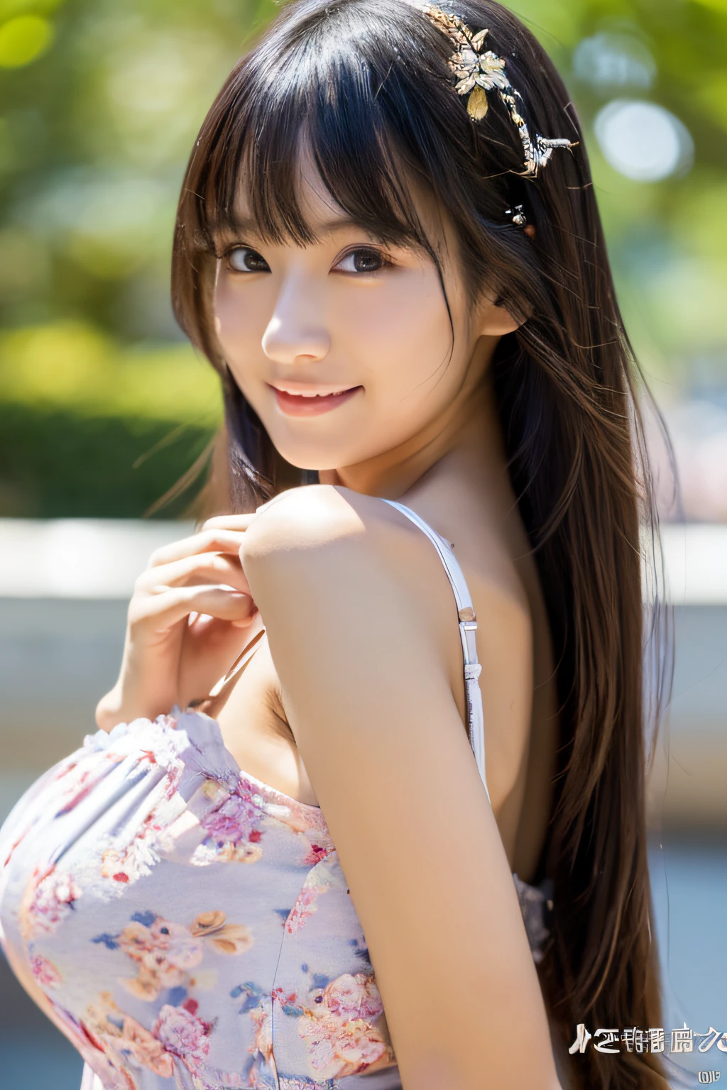 Adorable, 18year old, High school girl, Delicate body,pesant dress, ,Sitting on a bench, Twin-tailed, hair scrunchie, , (High color saturation:1.0), (highlydetailed skin), (Best Quality:1.0), (超A high resolution:1.0) ,(photographrealistic:1.0), (ultra-detailliert:1.0), (8K, Raw photo:1.1),(Smile:1.0)