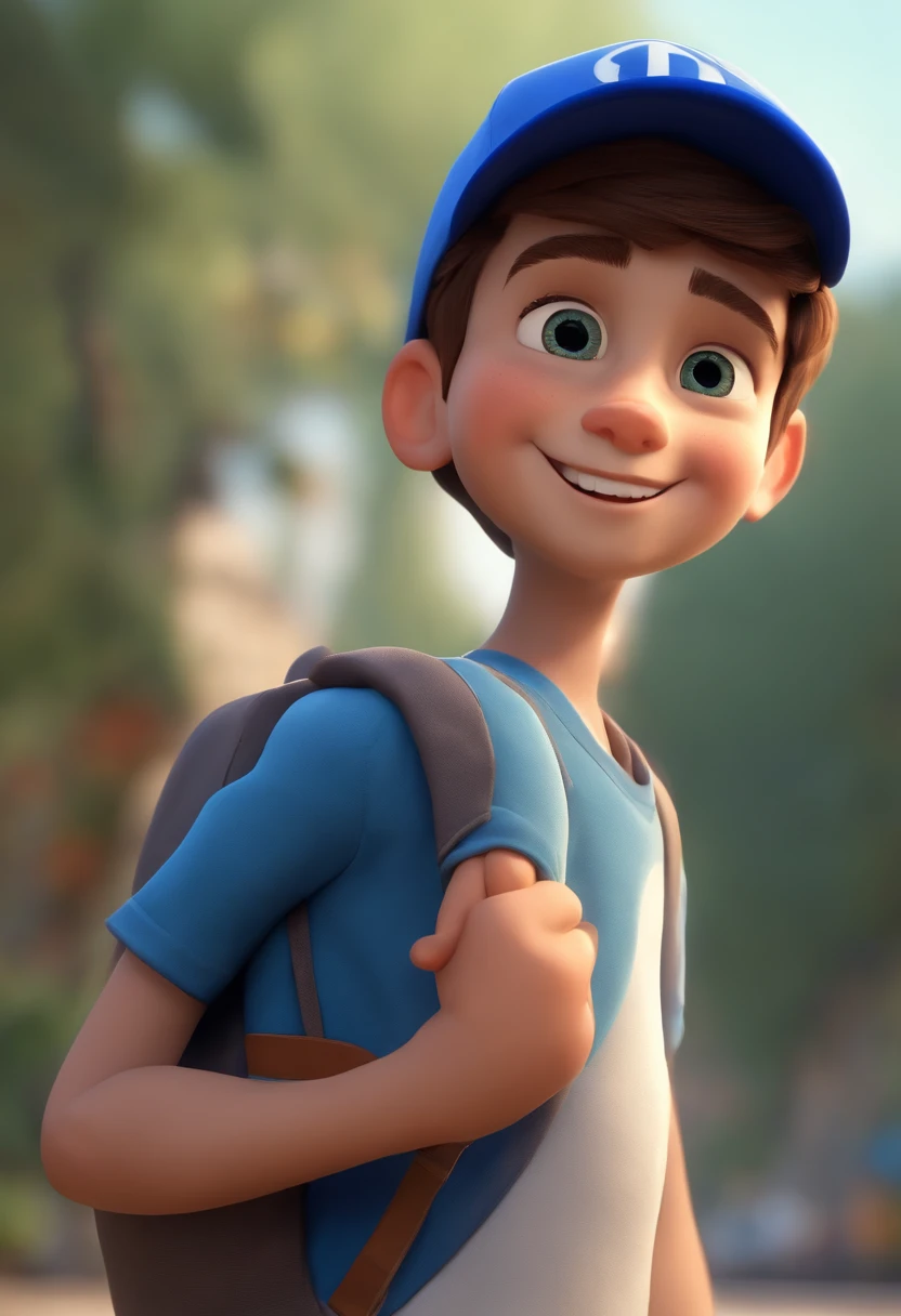 A happy cute boy standing short hair with dark blue cap , vestindo uma camisa azul , , fundo branco, barnet, Tom, Estilo Pixar, ......3d, desenhos animados, rosto detalhado, asymmetrical 16k