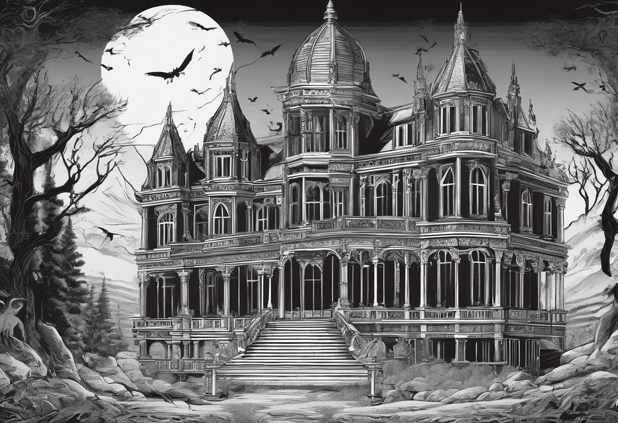 Landscape orientation,quadratic element,black andwhite,horror film poster,Illustration of front-view shot