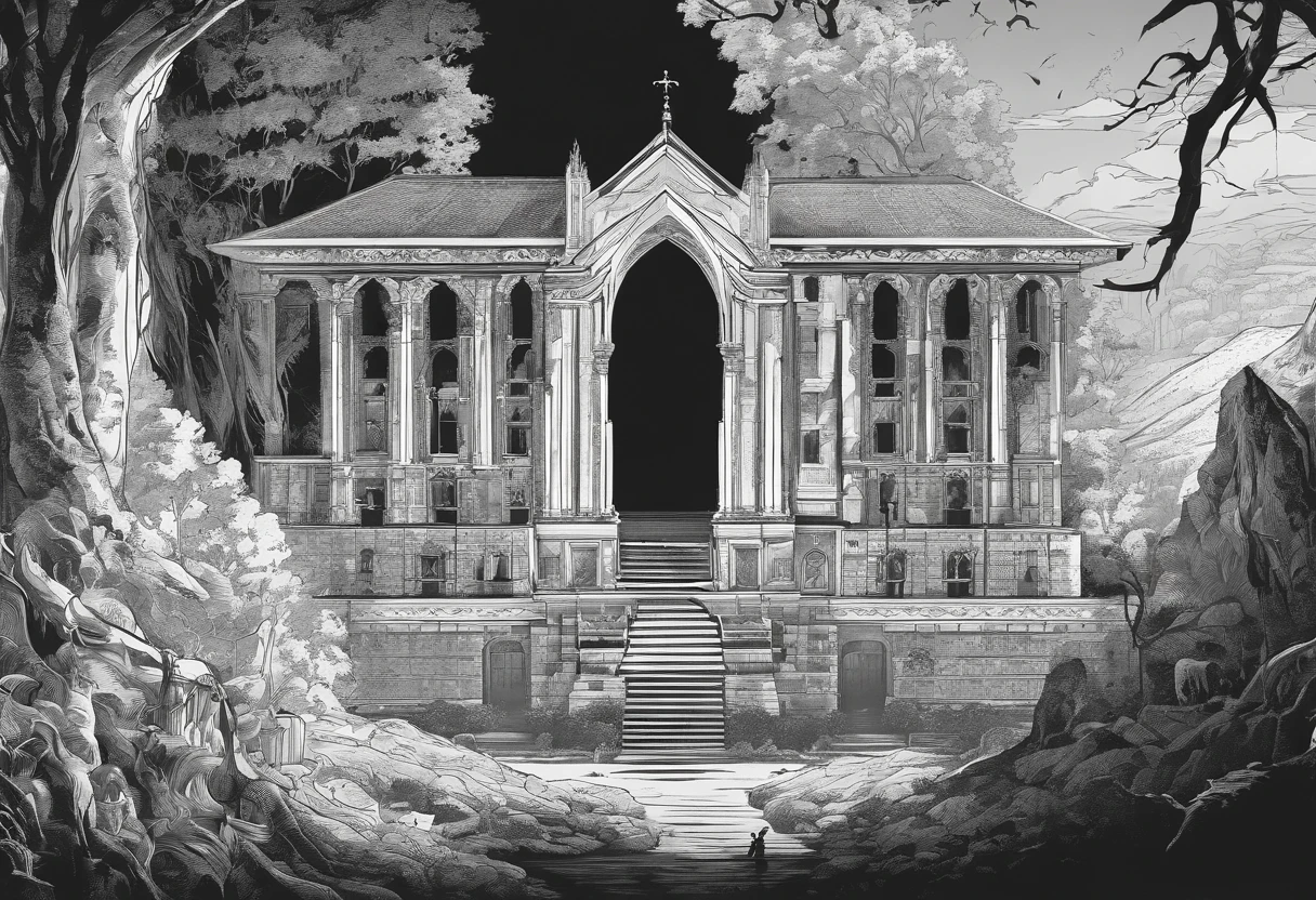 Landscape orientation,quadratic element,black andwhite,horror film poster,Illustration of front-view shot