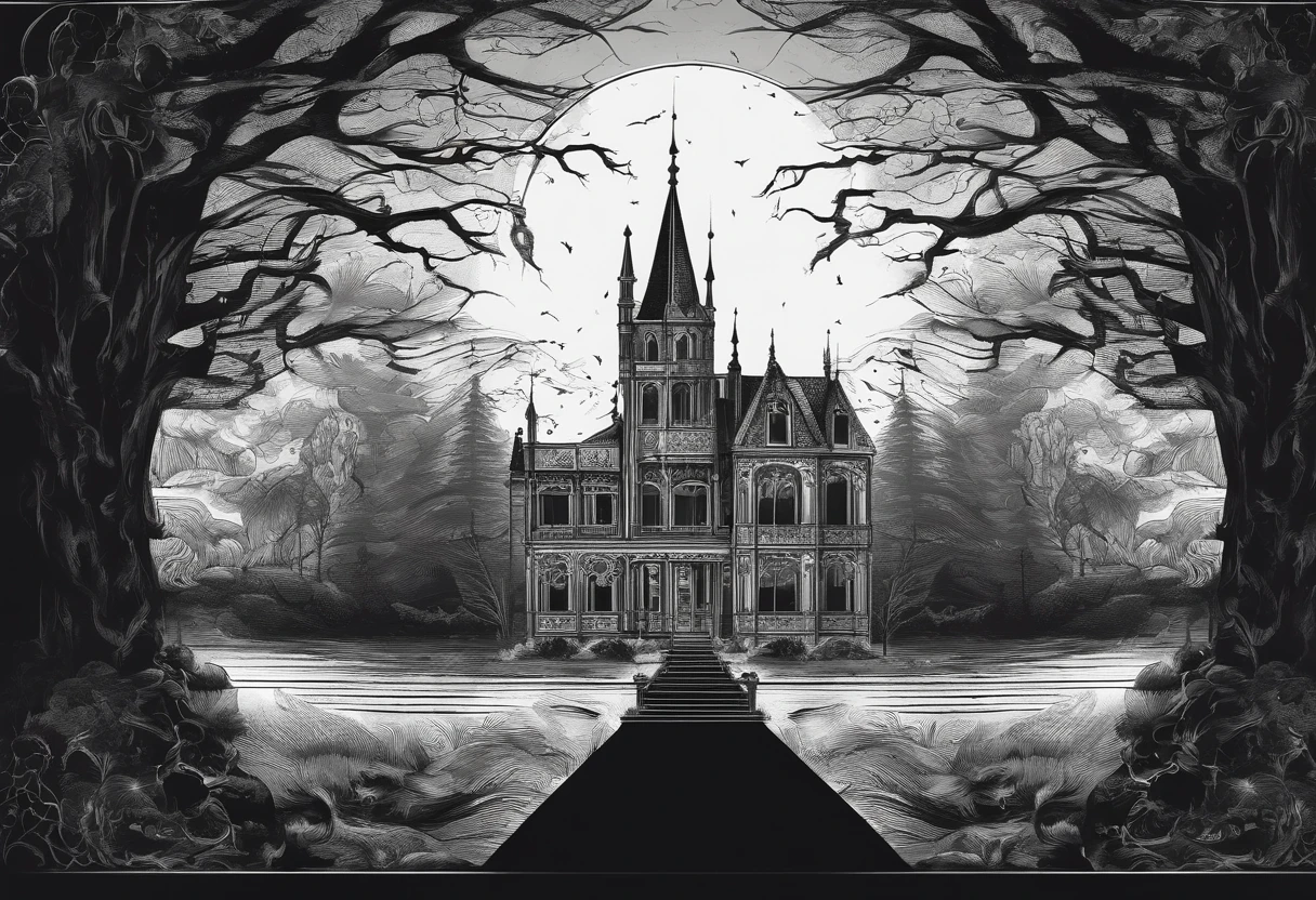 Landscape orientation，quadratic element，black andwhite，horror film poster，Illustration of front-view shot