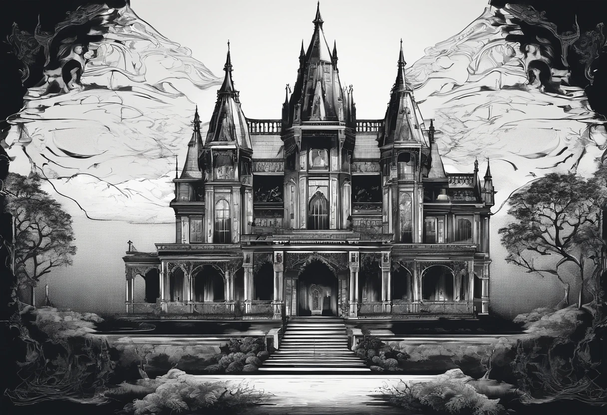 Landscape orientation,quadratic element,black andwhite,horror film poster,Illustration of front-view shot