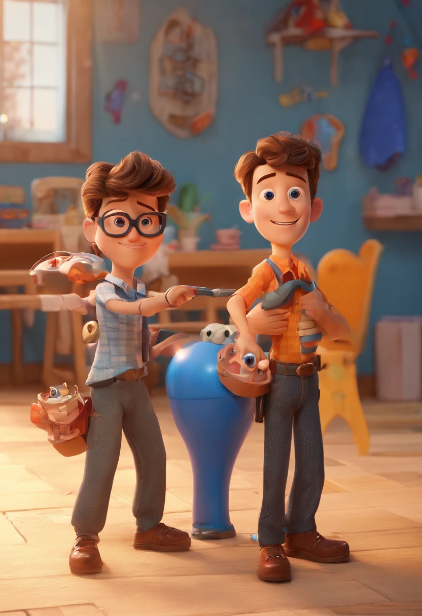 Estilo Pixar: The grown man is holding a naked blue-eyed boy and in his other hand he is holding a pair of scissors and is trying to cut off the boy's testicles,3D Poster,Disney
