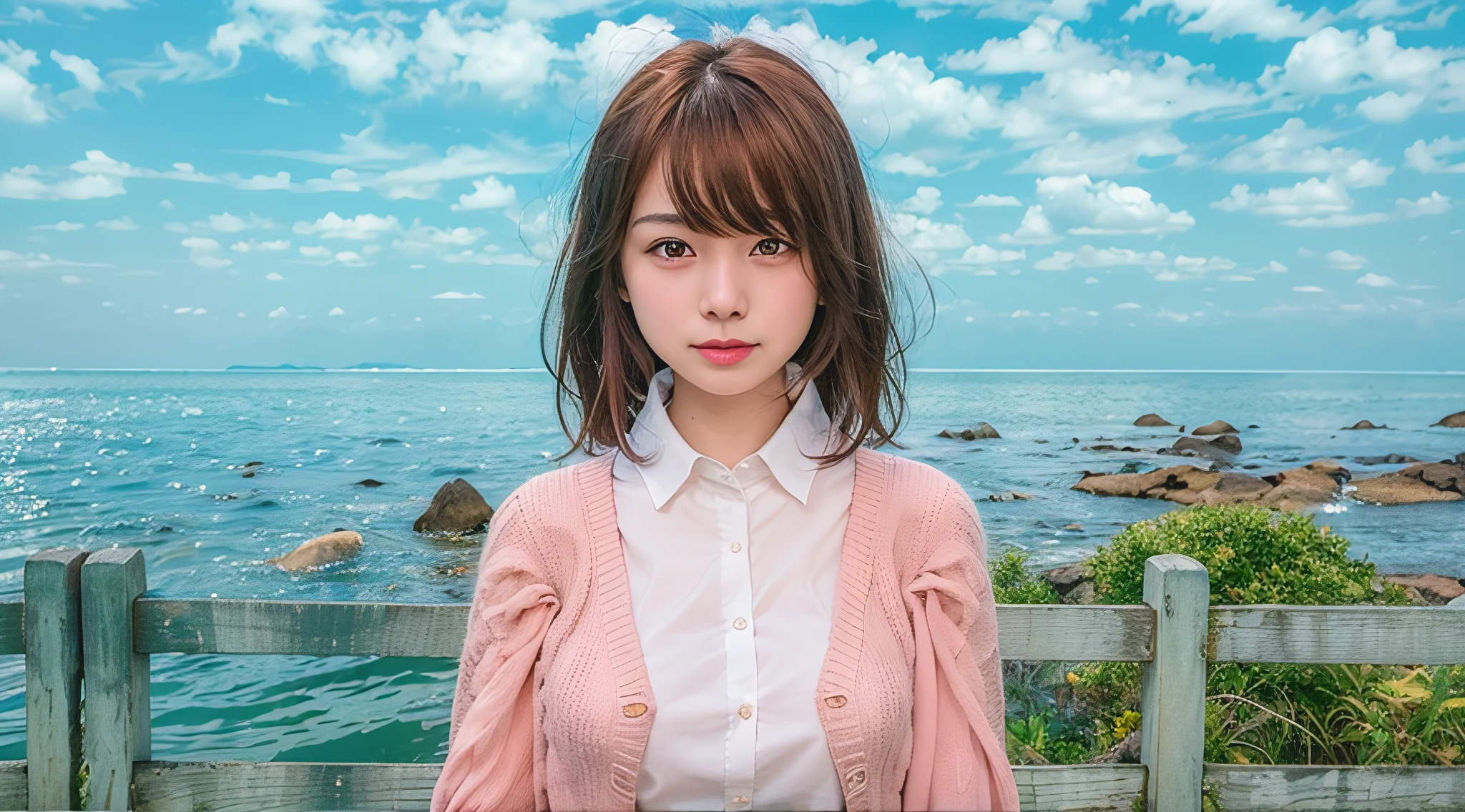 Woman standing on a bench by the water, hightquality、masterpiece、超A high resolution、(Photorealsitic:1.5)、Raw photography