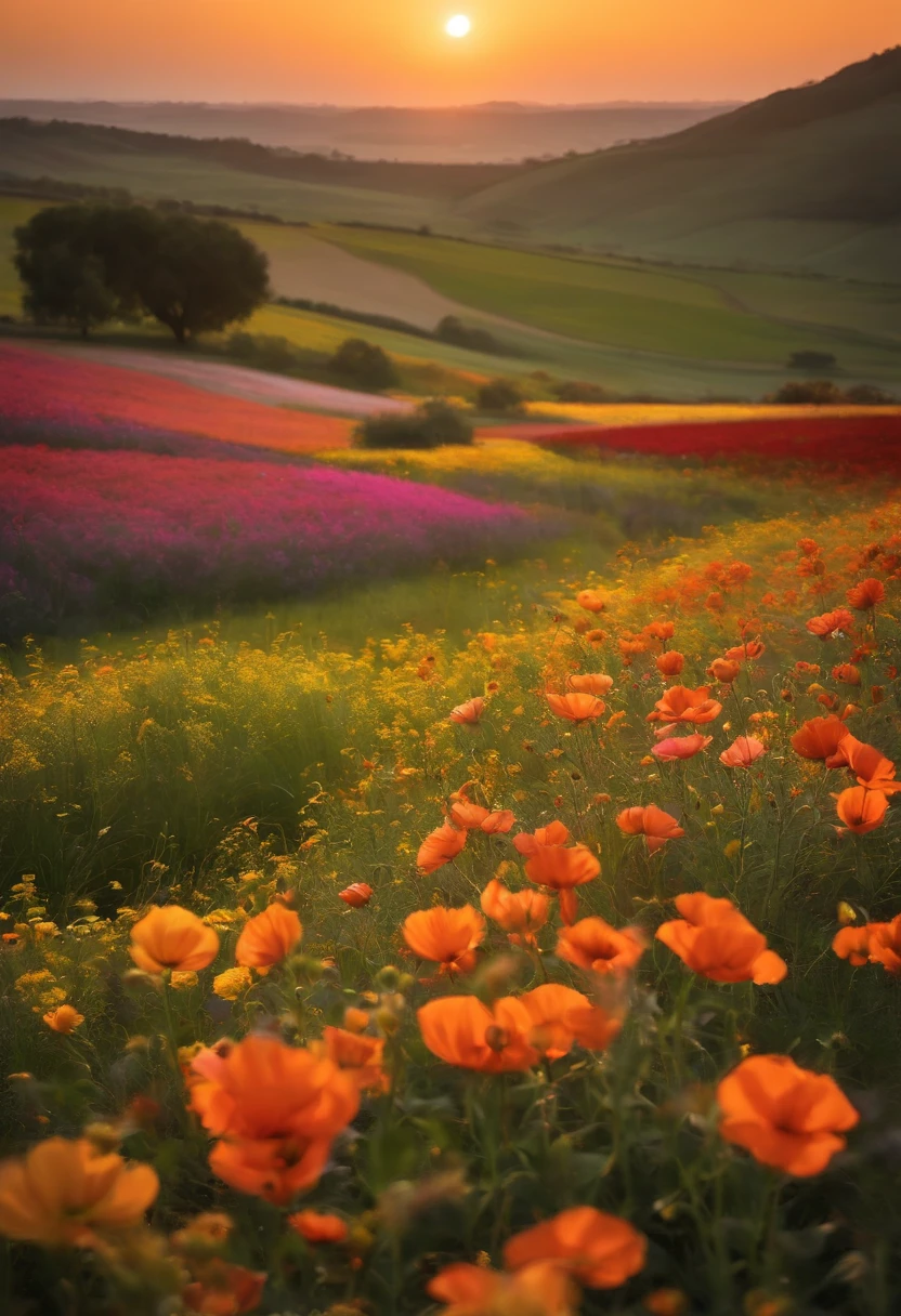 imagem de uma paisagem ensolarada de um dia, apenas a paisagem com flores, Campo florido, sem pessoas, sem animais, infantil vibrante, estilo de arte, Cartoon, artistic, Paleta de cores suave, flowers of various types blown by the wind, brilho, magic photography, soft soft lighting, fundo claro, Realistic photo, super detalhado, 4k, high resolution, super fino afiado, alta qualidade, unique, Cores bonitas, 3d renderizado,