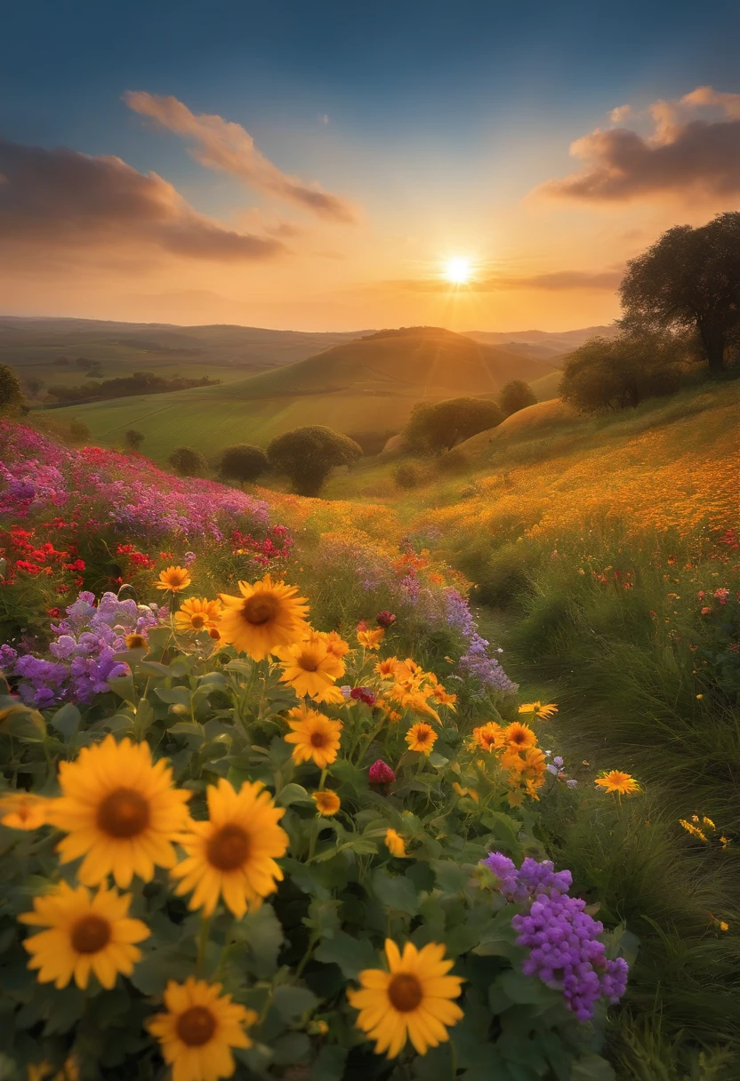 imagem de uma paisagem ensolarada de um dia, apenas a paisagem com flores, Campo florido, sem pessoas, sem animais, infantil vibrante, estilo de arte, Cartoon, artistic, Paleta de cores suave, flowers of various types blown by the wind, brilho, magic photography, soft soft lighting, fundo claro, Realistic photo, super detalhado, 4k, high resolution, super fino afiado, alta qualidade, unique, Cores bonitas, 3d renderizado,