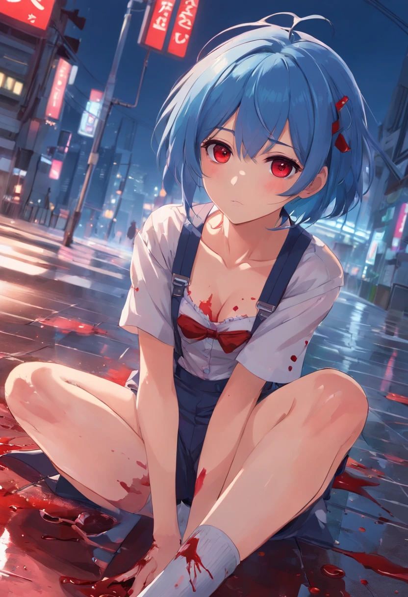 1 girl, blue_hair, blood, blood_on_clothes, blood_on_face, blood_on_hands, blood splatter, breasts , suspenders, high heels jewelry, injury, looking_at_viewer, red eyes, sitting, thighs, alone