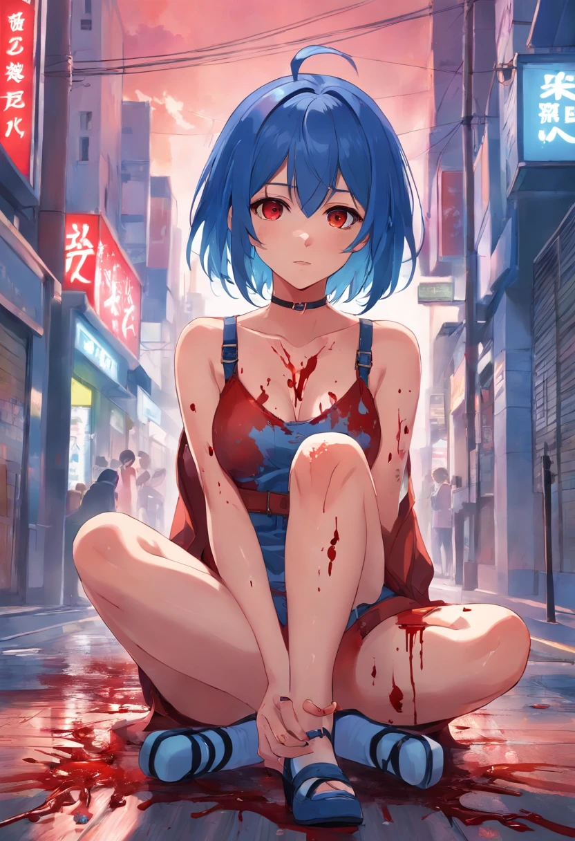 1 girl, blue_hair, blood, blood_on_clothes, blood_on_face, blood_on_hands, blood splatter, breasts , suspenders, high heels jewelry, injury, looking_at_viewer, red eyes, sitting, thighs, alone