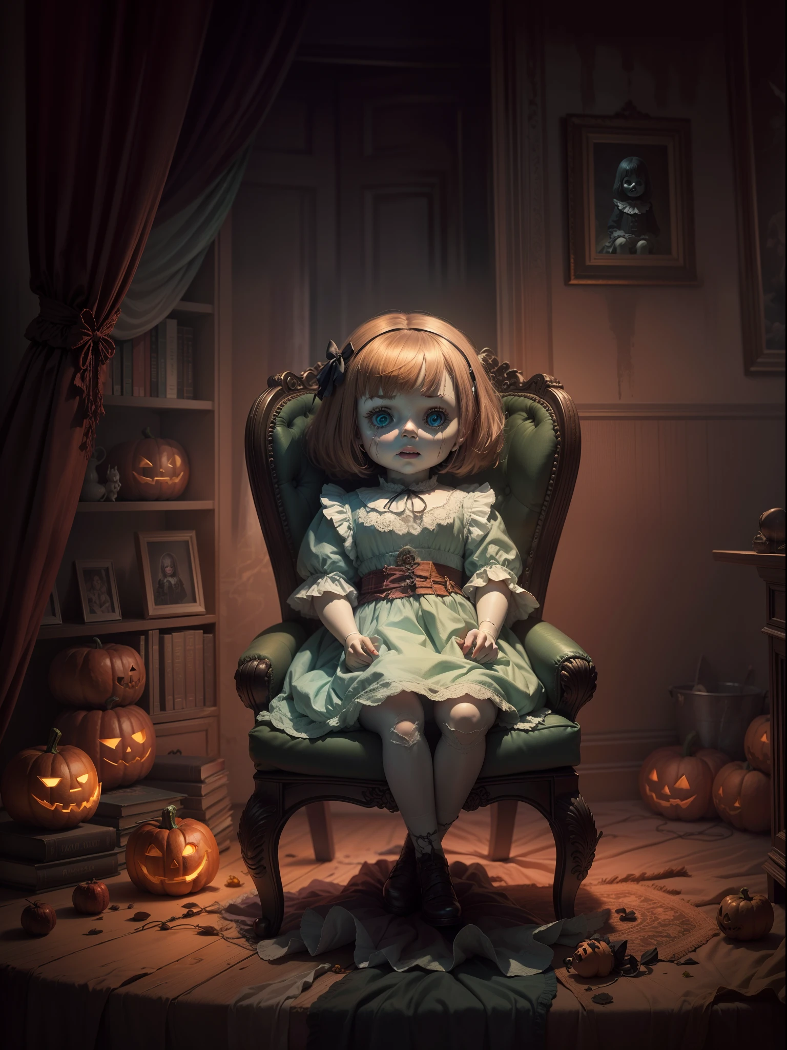 Anabelle horror doll sit on the chair, mysterious strange environment, Halloween illustration, magical soft lights, horror art, extremely detailed portrait