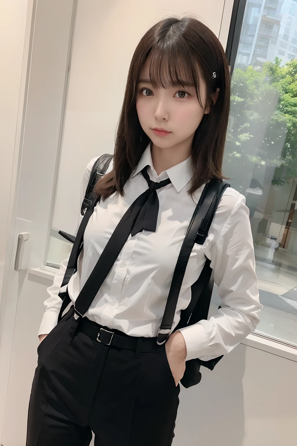 ​masterpiece、flat-colors、depth of fields、lens flare 1 girl、、Brown hair、watching at viewers　　　　a belt　black suspenders　Social OL　　　huge-breasted　　　 　 Armpit sweat　perspiring　Side of both hands　　walls: Black Suit　Black pants, Black jacket holster　arm　Leg holster　arm　Knife Carrying　arma　Gaze　　No tie　tiarra　No bangs　Small face