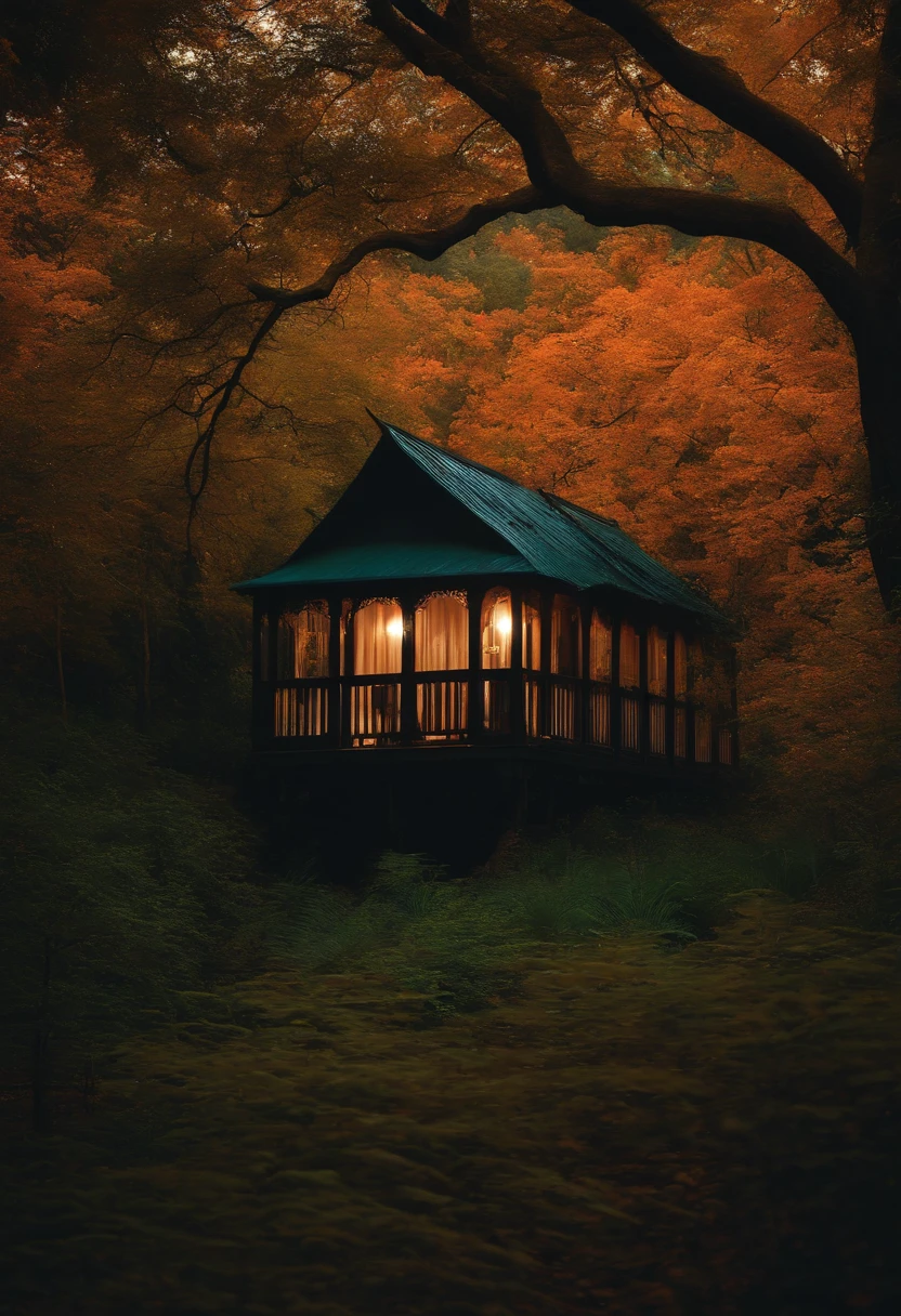 cabana assombrada, creepy, terror, cena assustadora, impactante, floresta negra, noite,
