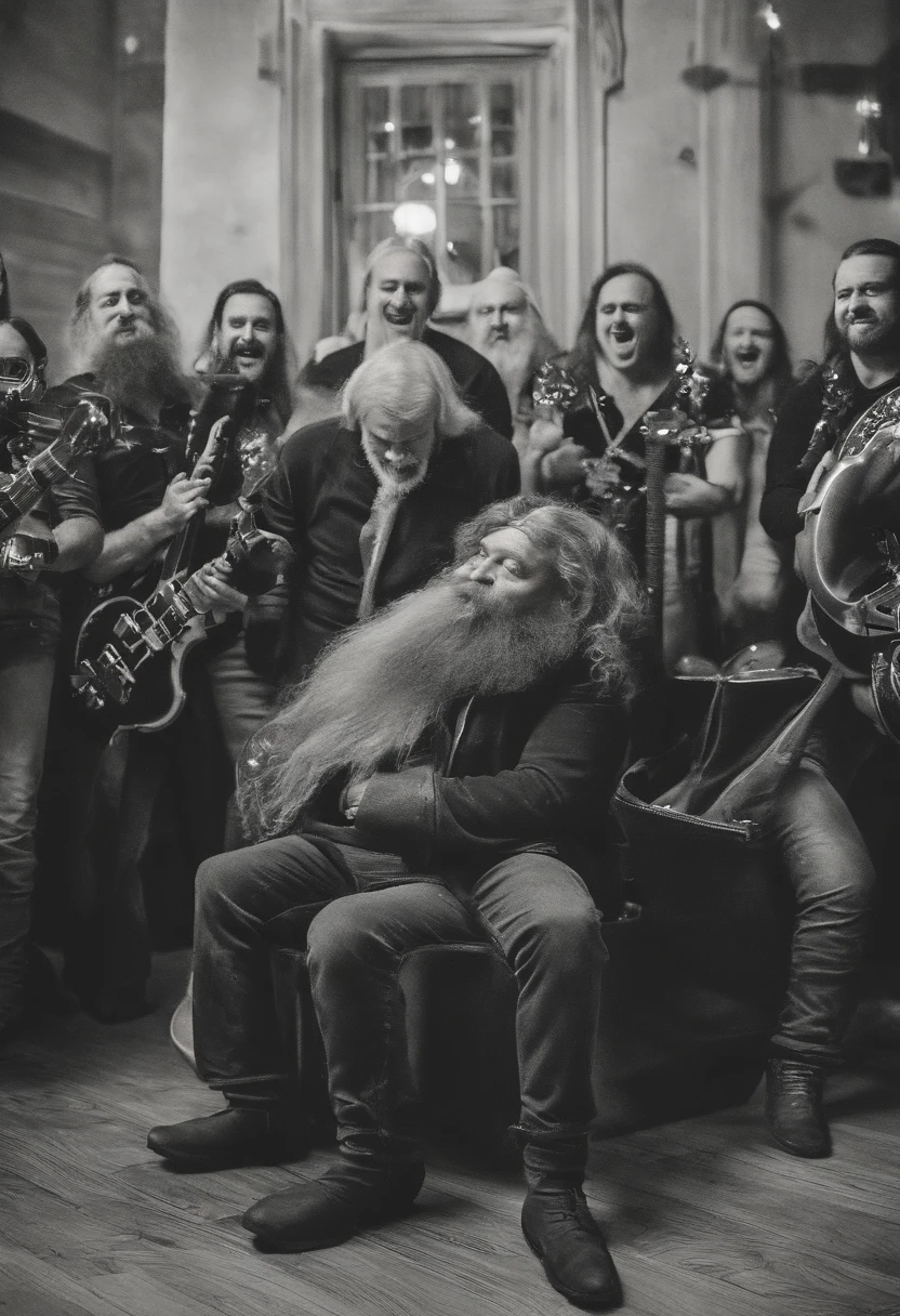 Santa Claus singing in a metal band, screaming into microphone, surrounded by his band and elves, action photo taken in low light with flash