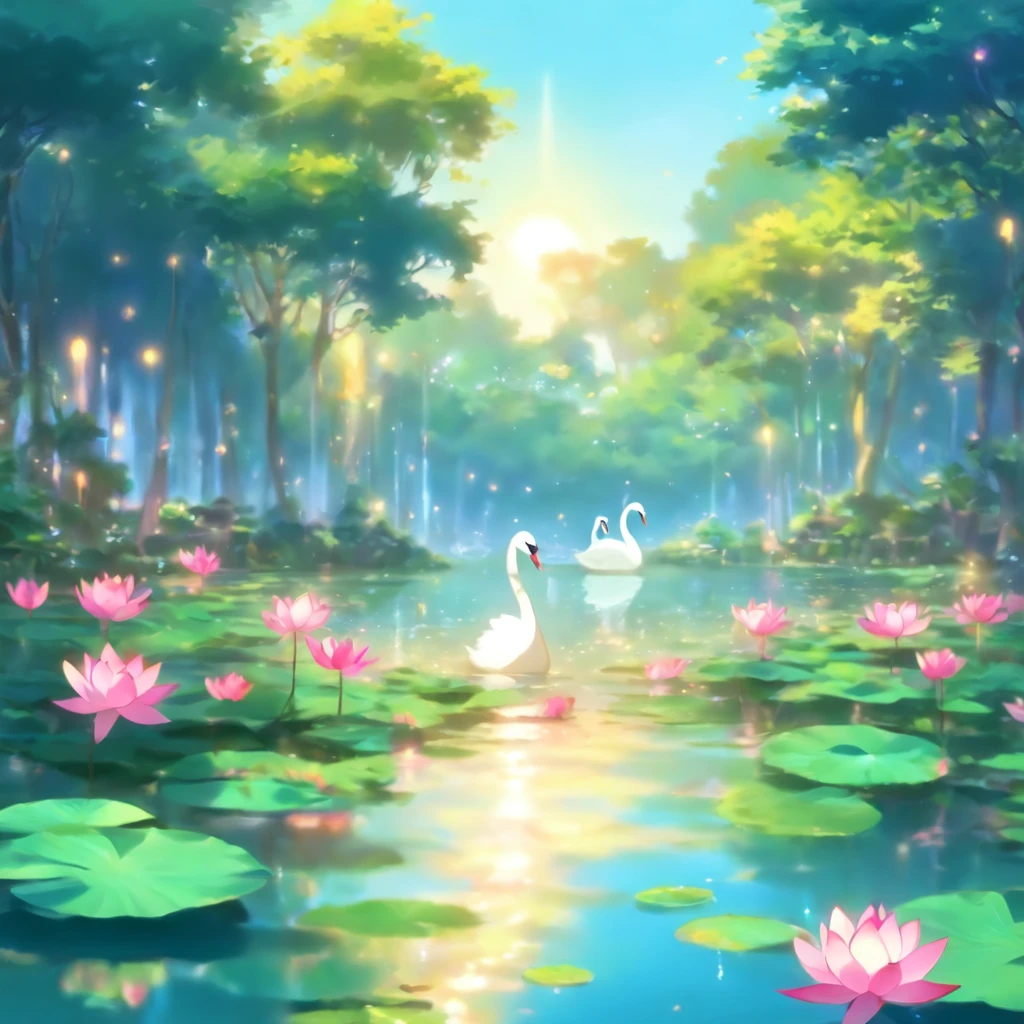 lake full of lotus flowers, vibrant colors, tranquil atmosphere, soft sunlight, sparkling water, gentle breeze, blooming beauty, lush greenery, delicate petals, floating lily pads, reflections on the water, graceful swans, serene ambiance, peaceful serenity, harmony in nature, picturesque scenery, ethereal charm, mesmerizing landscape, dreamlike enchantment, soothing presence, elegant symphony of nature, a paradise of tranquility (best quality, highres), ultra-detailed, realistic:1.37, vivid colors, bokeh