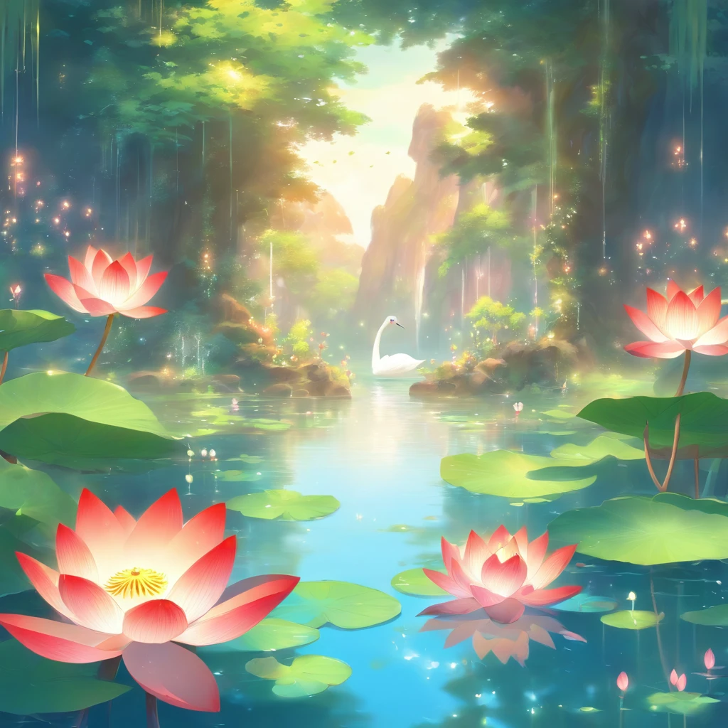 lake full of lotus flowers, vibrant colors, tranquil atmosphere, soft sunlight, sparkling water, gentle breeze, blooming beauty, lush greenery, delicate petals, floating lily pads, reflections on the water, graceful swans, serene ambiance, peaceful serenity, harmony in nature, picturesque scenery, ethereal charm, mesmerizing landscape, dreamlike enchantment, soothing presence, elegant symphony of nature, a paradise of tranquility (best quality, highres), ultra-detailed, realistic:1.37, vivid colors, bokeh