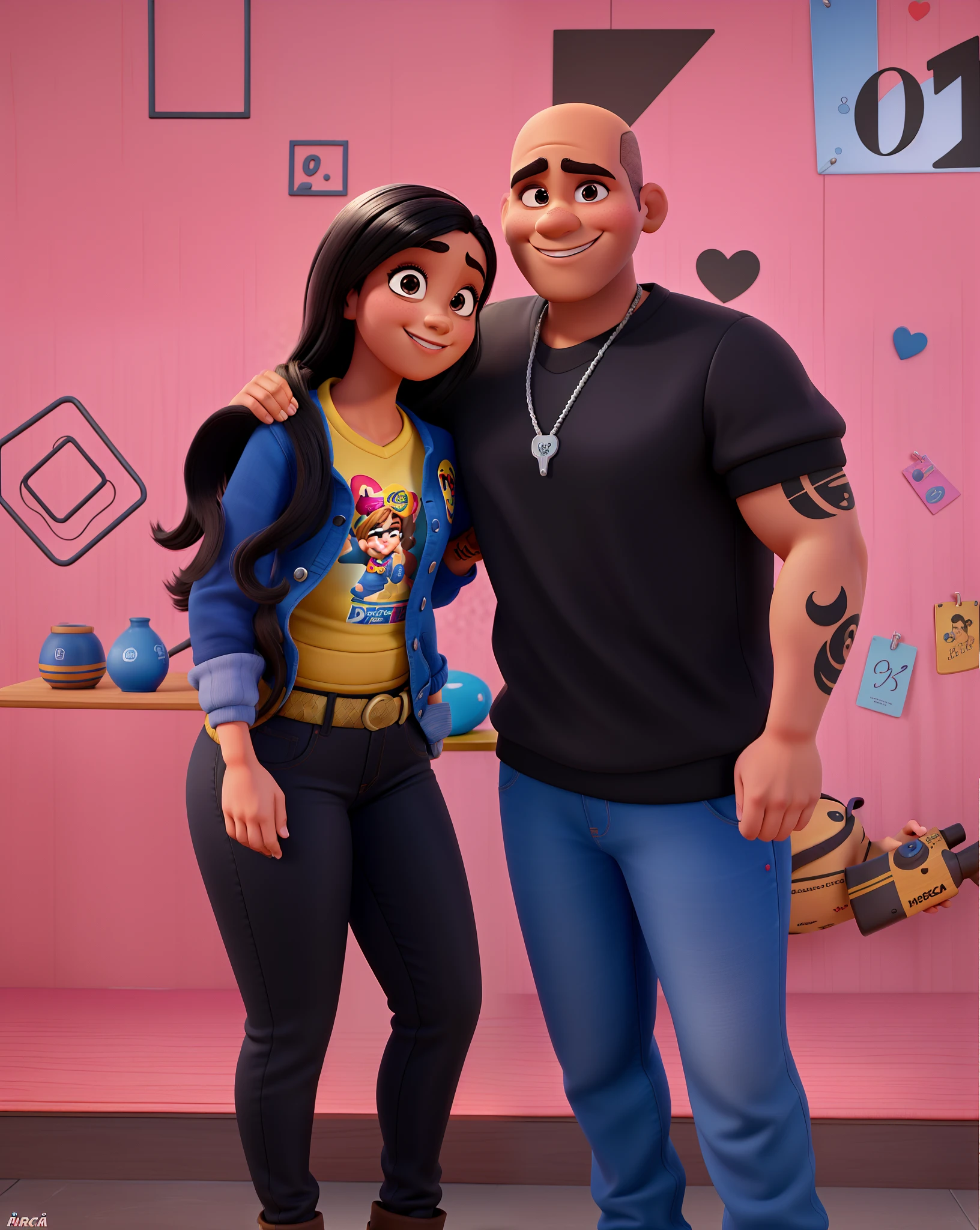 Mulher branca sorrindo cabelo preto com a barriga aparecendo, homem careca tatuado , estilo Disney Pixar,alta qualidade, melhor qualidade.