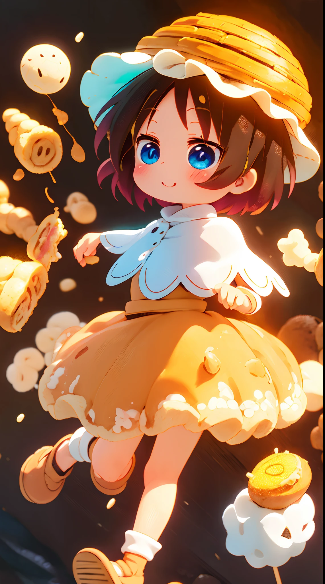 elma_maiddragon, short hair, black hair, blue eyes, senos medianos, Sopa de fideos con carne, Arroz de cerdo estofado, bubble tea, Guabao, Huevo de hierro, Mijo mochi, tortilla, Vermicell, Pan-fried buns, Bollo de pimienta, pineapple cake, Fideos de arroz, Panqueque de cebolleta, tofu apestoso, Pastel solar, witch hat, dress, cape, white gloves, background, Everything is made of candy, cotton candy, Tierra de caramelos,hecho de caramelo, Hecho de caramelos y piruletas , Esculpido en caramelo, Bosque de dulces, recubierto de caramelo