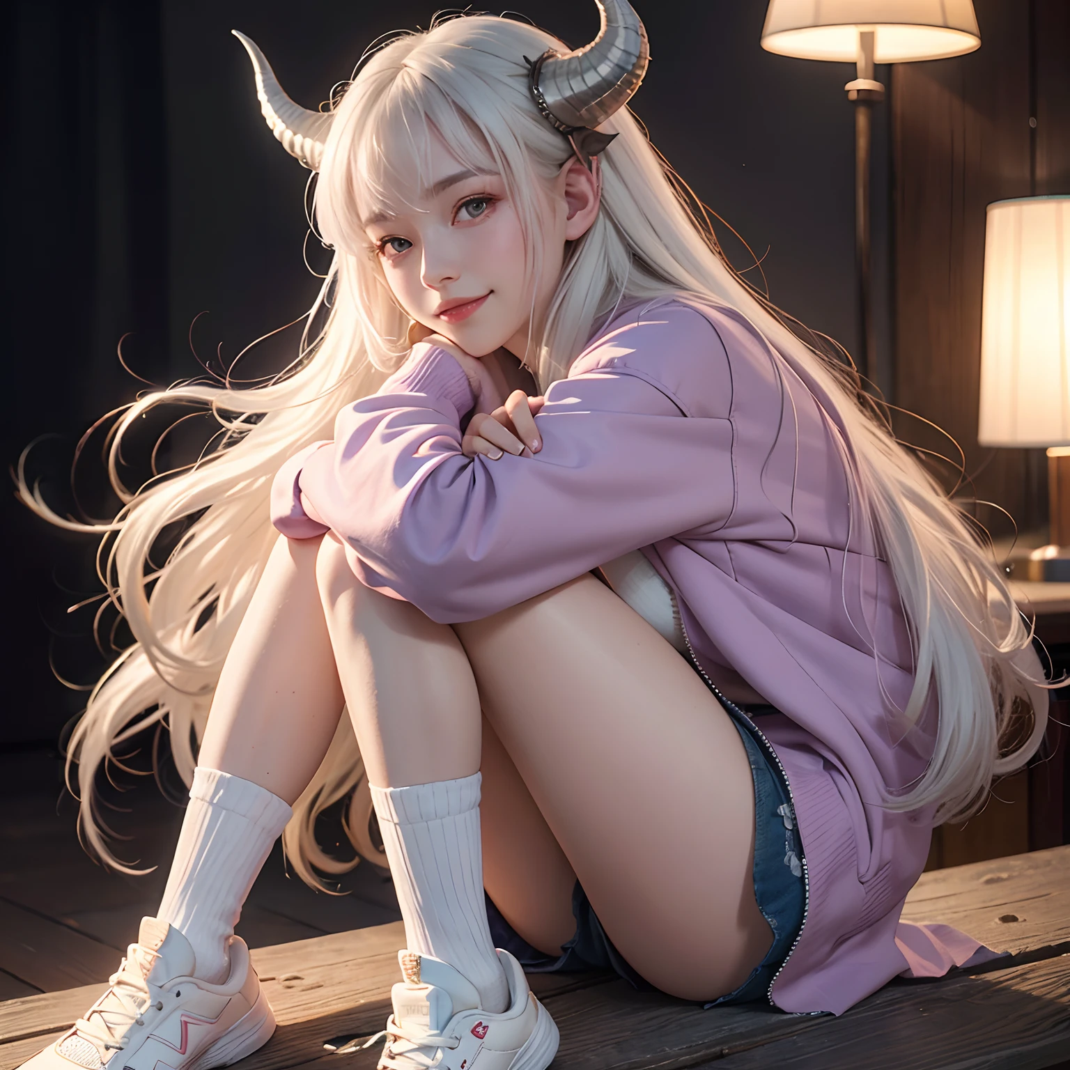 ragonCute, 1girl, solo, long_hair, looking_at_viewer, blush, smile, long_sleeves, sitting, jacket, white_hair, horns, shoes, socks, sneakers, dragon, purple_jacket, hands_on_own_cheeks, eastern_dragon ultra realistic,32k,RAW photo,(high detailed skin:1.2), 8k uhd, dslr, soft lighting, high quality, film grain, profile picture, portrait