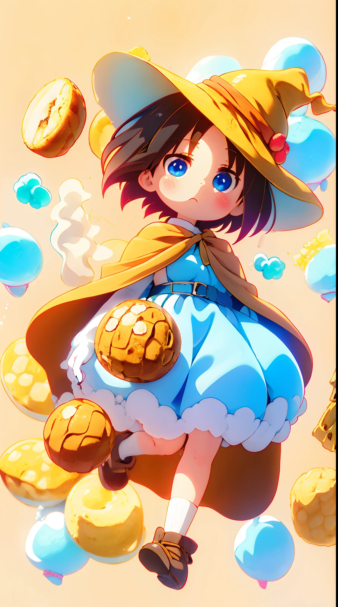 elma_maiddragon, short hair, black hair, blue eyes, senos medianos, Sopa de fideos con carne, Arroz de cerdo estofado, bubble tea, Guabao, Huevo de hierro, Mijo mochi, tortilla, Vermicell, Pan-fried buns, Bollo de pimienta, pineapple cake, Fideos de arroz, Panqueque de cebolleta, tofu apestoso, Pastel solar, witch hat, dress, cape, white gloves, background, Everything is made of candy, cotton candy, Tierra de caramelos,hecho de caramelo, Hecho de caramelos y piruletas , Esculpido en caramelo, Bosque de dulces, recubierto de caramelo