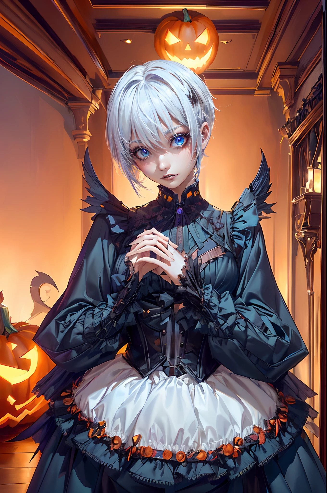 ((4K works))、masterpiece、(top-quality)、One Beautiful Girl、Slim body、tall、((Cool gothic fashion with long sleeve long pants))、((Halloween Fashion))、(Detailed beautiful eyes)、In a stylish English room、Halloween Party、((Face similar to Carly Rae Jepsen))、((Short-haired white hair))、((Smaller face))、((Neutral face))、((Bright blue eyes))、((American adult women))、((Adult female 26 years old))、((cool lady))、((Like a celebrity))、((Gentle expression))、((Korean Makeup))、((elongated and sharp eyes))、((Happy dating))、((boyish))、((Upper body photography))、Professional Photos、((Shot alone))、((Decorated room for Halloween))、Halloween、((Halloween costumes))、((Costume of a fallen angel))