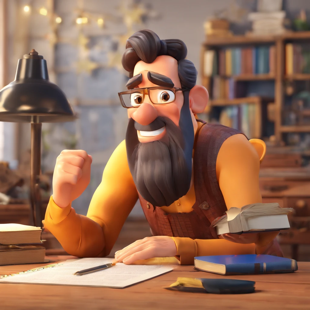 Crie um cartaz inspirado na Disney Pixar com o personagem sendo o pastor Elber Granja, Um homem de cabelos e barba pretos, cabelo curto e barba curta, in an office with a Bible on the table