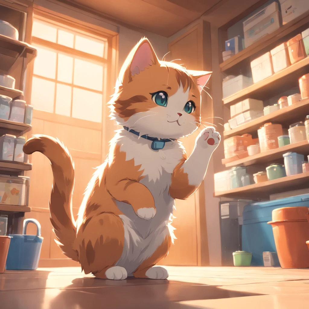 Little cute isometric cat emoji, Tuxedo jack, calico cat, hairy pubic,Cute big breasts, Pet shop background, soft and muted colors, 3d icon clay rendering, Spring: 120mm, 3D blender rendering, trending on polycount, modular constructivism, Orange background, physically-based renderingt, The kitten in the middle raised her hand
