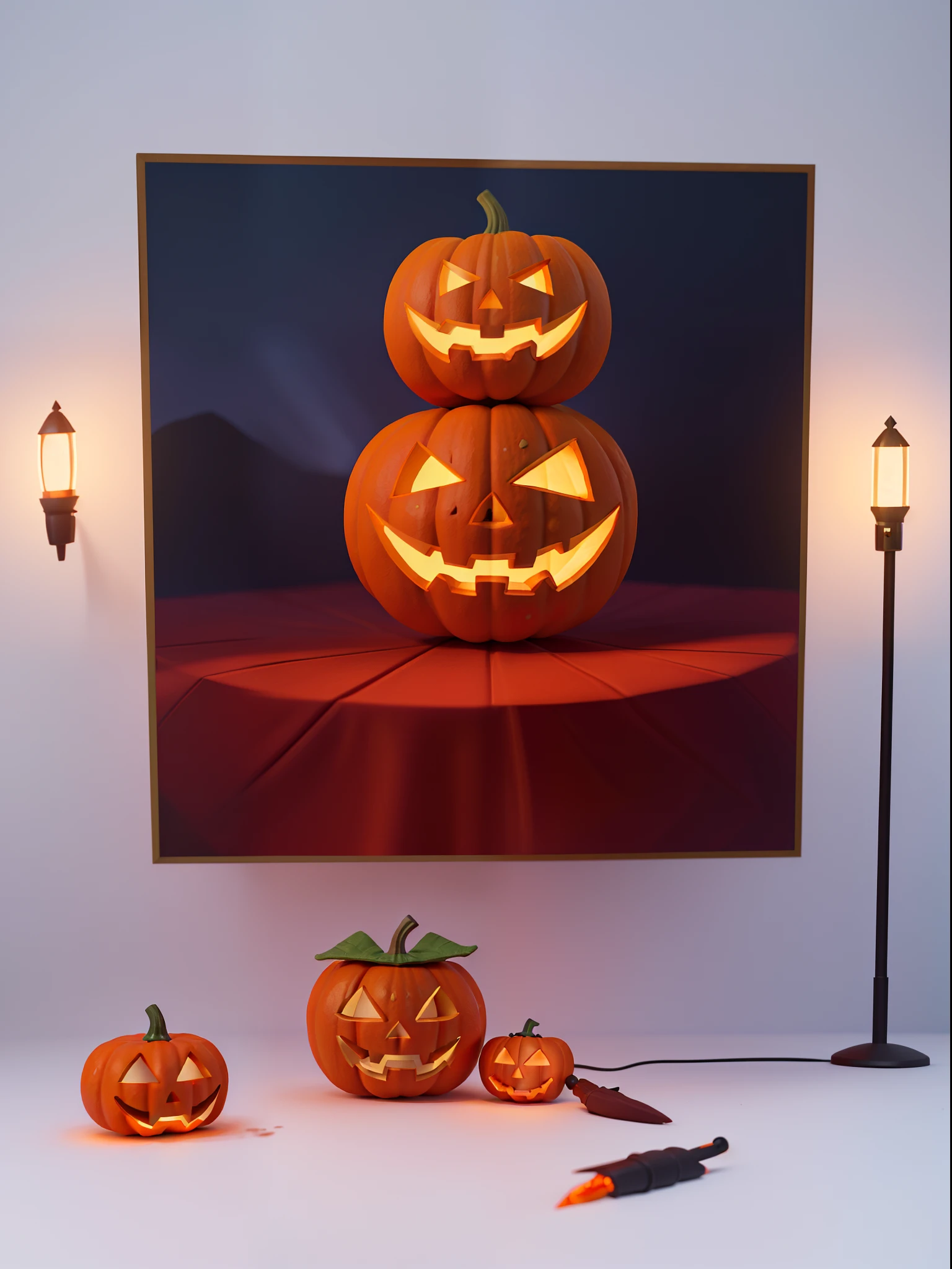3d Halloween illustration, 3d glowing jack-o-lantern, magical elements, 3d Halloween illustration, soft studio lights, snow cool 3d environment, shot with Sony alpha7 IV, DSLR camera results, semi realistic, extremely detailed portrait, 16K UHD resolution, best quality/masterpiece collection.