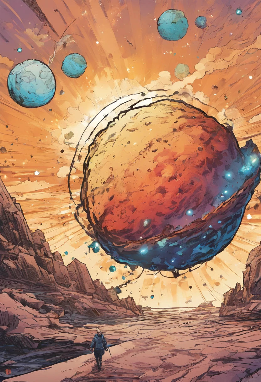 A tethered asteroid drags a star, logotype, Manhwa Style, abstract artistic