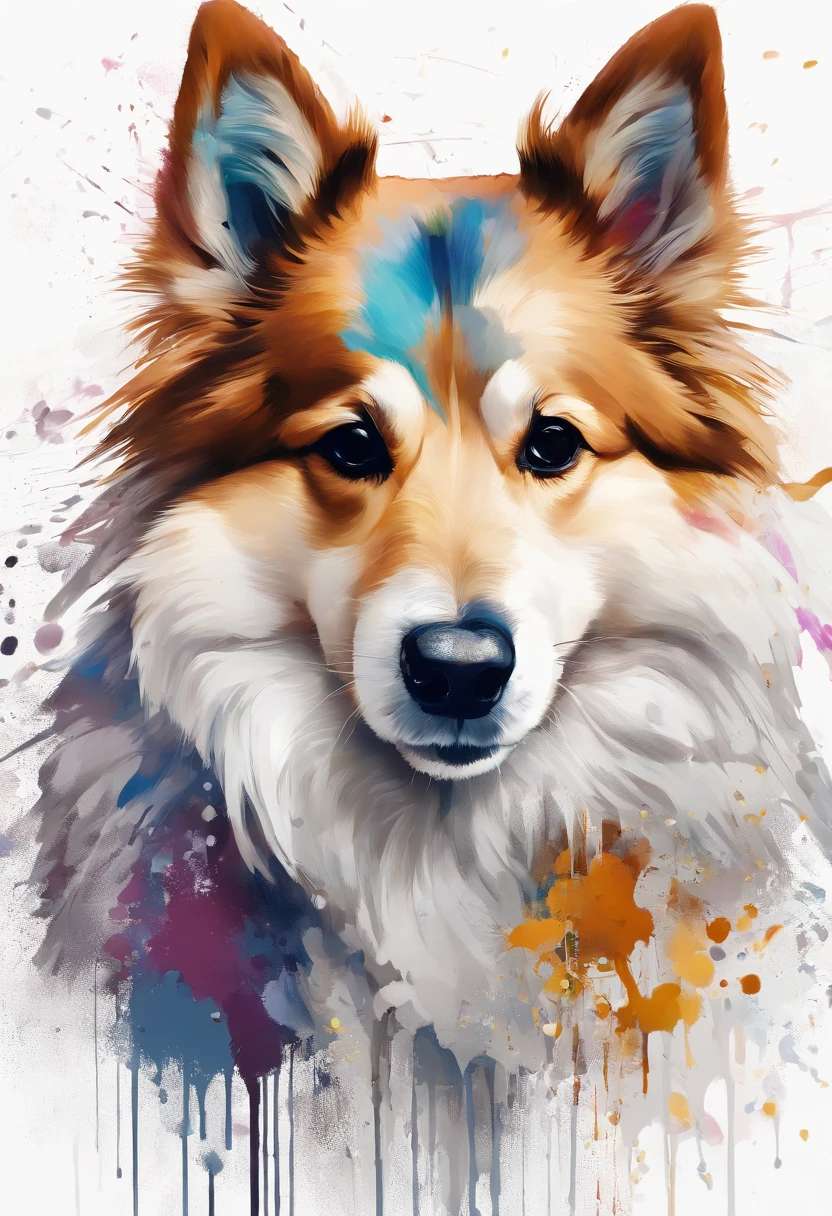 Splash Art, Shetland Shetland Shepherd Dog, ((White background)), piercing eyes, Epic Instagram, art stations, splash style of color paint, contours, hyper detailed intricately detailed , illusory engine, Fantastical, intricately details, Splash screen, Complementary colors, fantasy concept art, 8K resolution, Deviantart's masterpiece, Oil painting, Heavy strokes, paint drips, splashart