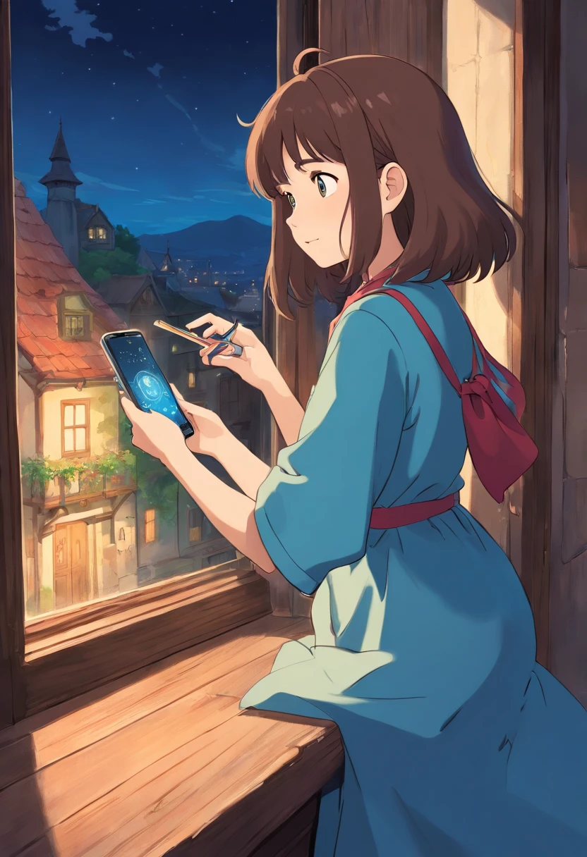 Witch Delivery Service,Girl playing with her phone by the window,Medium length brown hair，The upper part of the body，The girl's face is emotionally sad，Ghibli style,Background of living in Croatia，the night，The light outside the window was dim，The overall color tone is blue