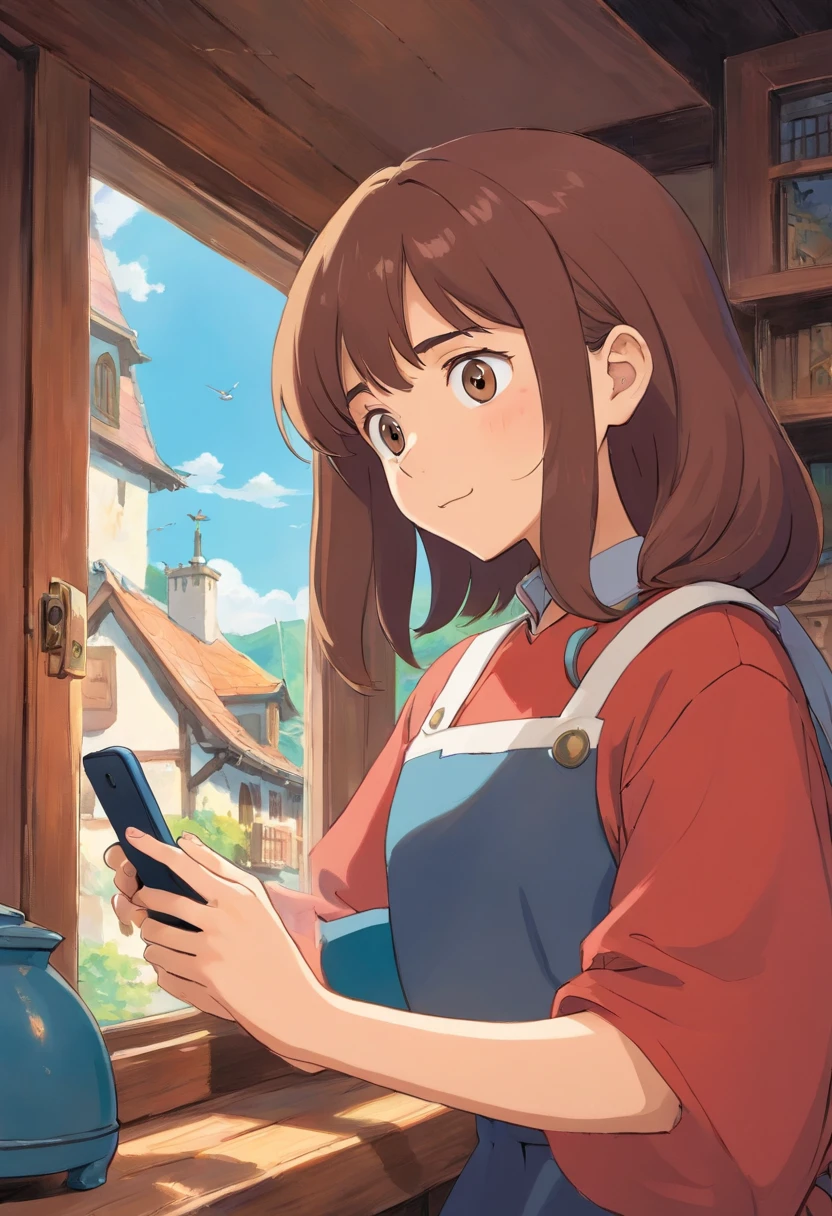 Witch Delivery Service,Girl playing with her phone by the window,Medium length brown hair,The upper part of the body,The girl's face is emotionally sad,Ghibli style,Background of living in Croatia,the night,The light outside the window was dim,The overall color tone is blue