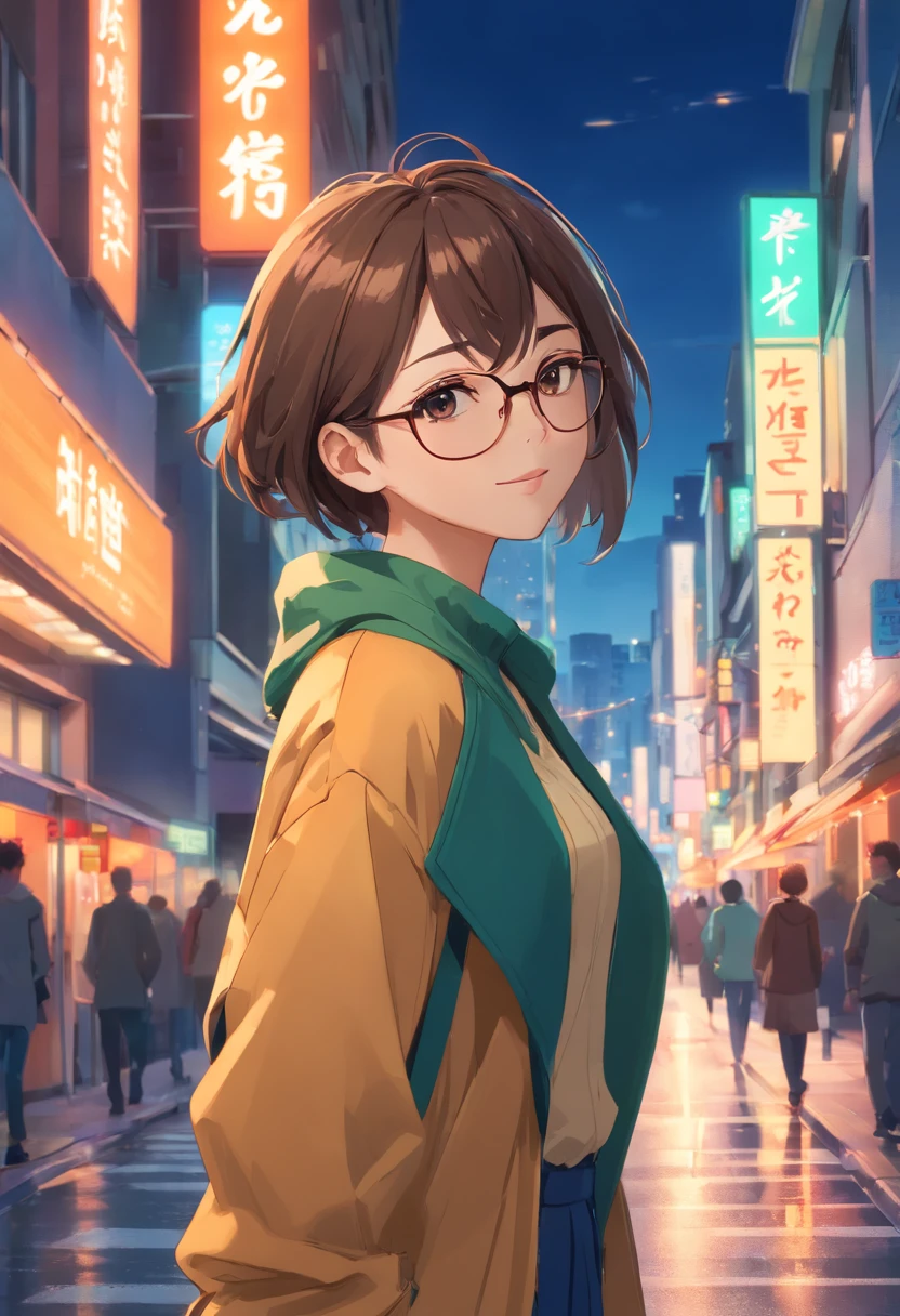 (highres:1.2),photorealistic,beautiful girl standing on the street,blurred background,detailed face and expression,vivid colors,street fashion,urban atmosphere,focused,casually elegant,confident pose,city lights,night scene,sleek hairstyle,stylish outfit,cool sunglasses,playful smile