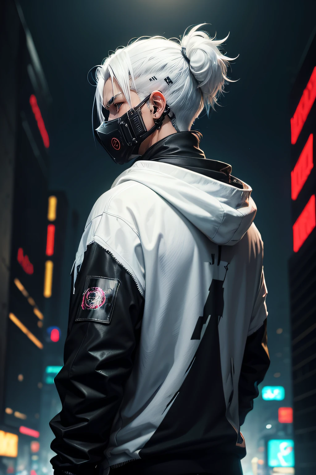 There is a man wearing a ghost mask and a black hoodie,showing his back, Hyper-realistic cyberpunk style,Digital cyberpunk anime style, white color, white hair, horror background really dark and scary