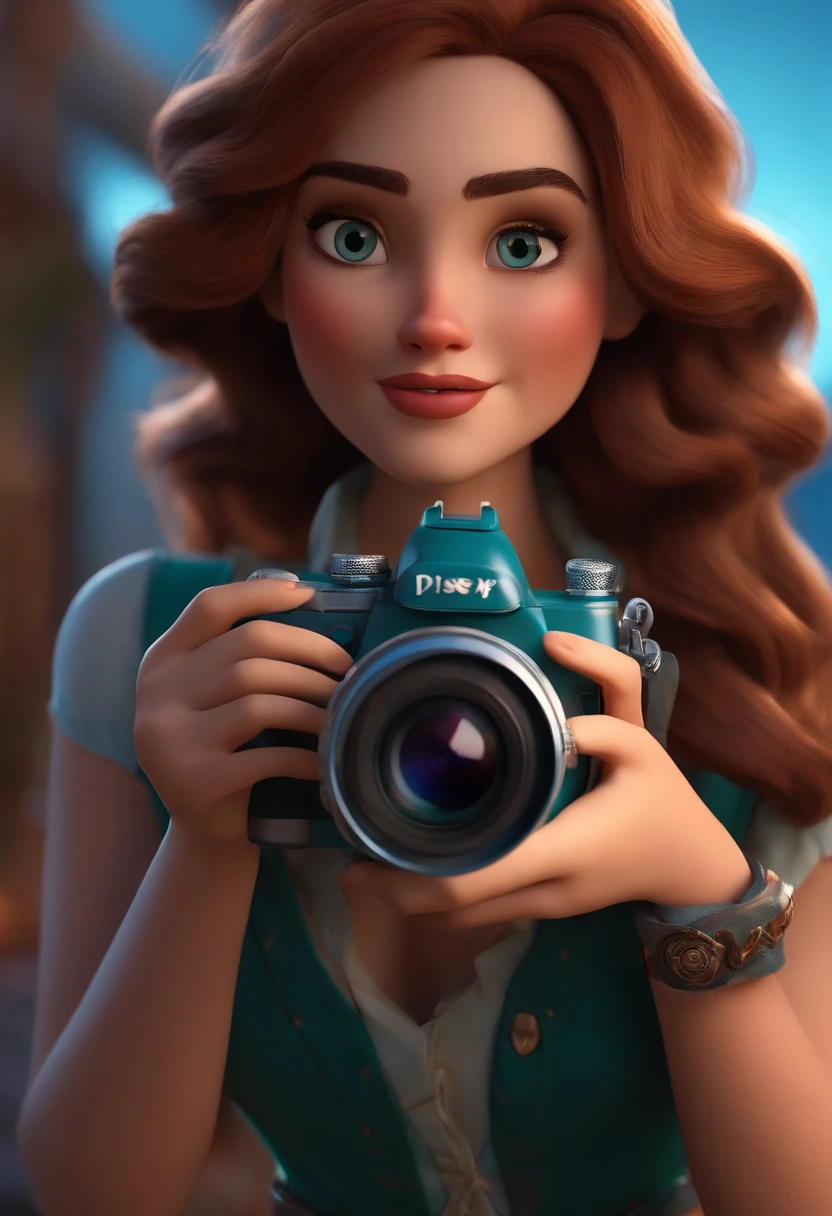 Pixar style image with 3D character white woman medium hair holding canon camera, Maquiagem Disney,Pescador, bonitinho, sorridente ,Close-up, Pixar, Disney, Cinema lighting,