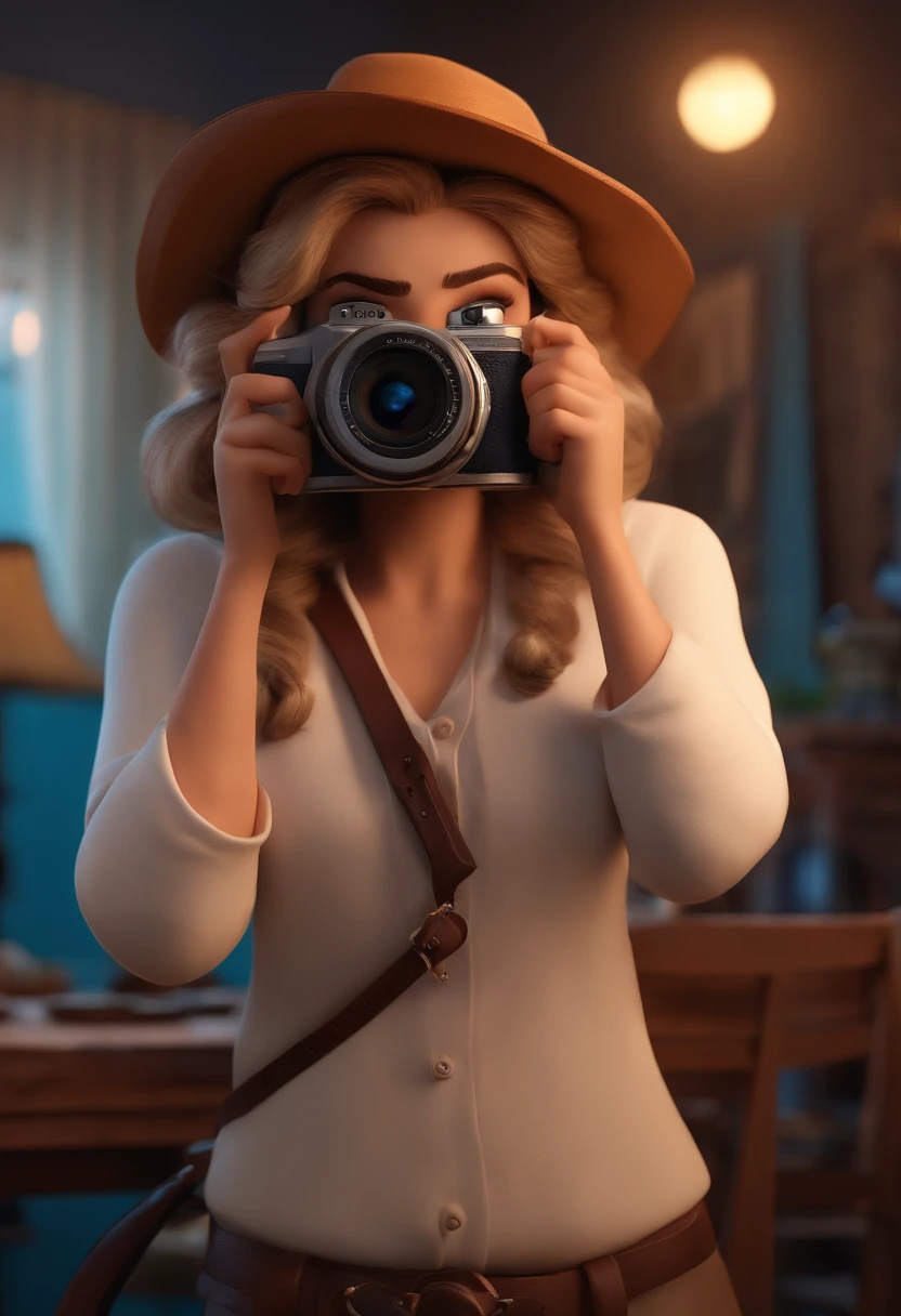 Pixar style image with 3D character white woman medium hair holding canon camera, Maquiagem Disney,Pescador, bonitinho, sorridente ,Close-up, Pixar, Disney, Cinema lighting,