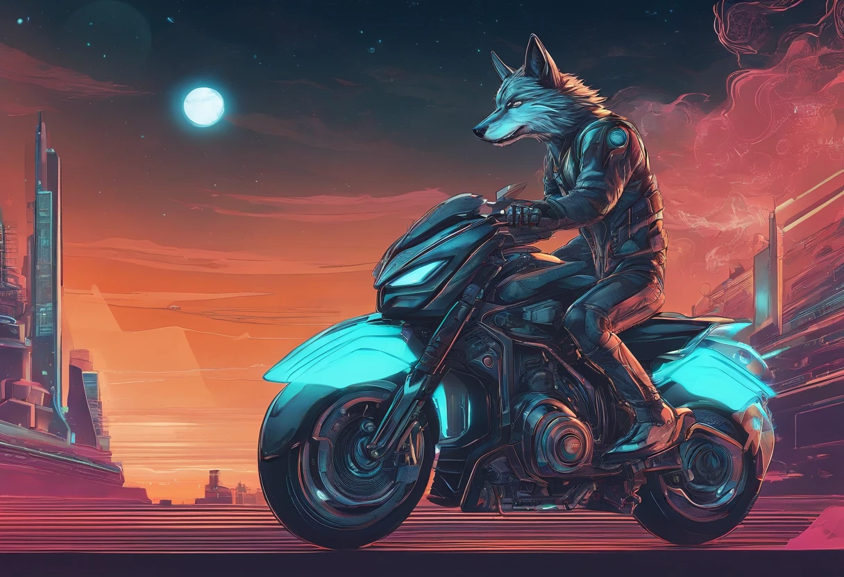 A sleek wolf-shaped motorcycle races through the night sky, its headlights piercing the darkness

This imaginative design combines elements of the supernatural and the mechanical, creating a striking contrast between the organic form of a wolf and the sleekness of a motorcycle. The night sky provides a dramatic backdrop, with the motorcycle's headlights cutting through the darkness, adding an element of excitement and adventure to the design.

The art style is a fusion of Art Nouveau and Cyberpunk, blending the organic, flowing lines of Art Nouveau with the high-tech, futuristic elements of Cyberpunk. The design emphasizes the wolf's form and the motorcycle's details while maintaining an overall sense of fluidity and motion.