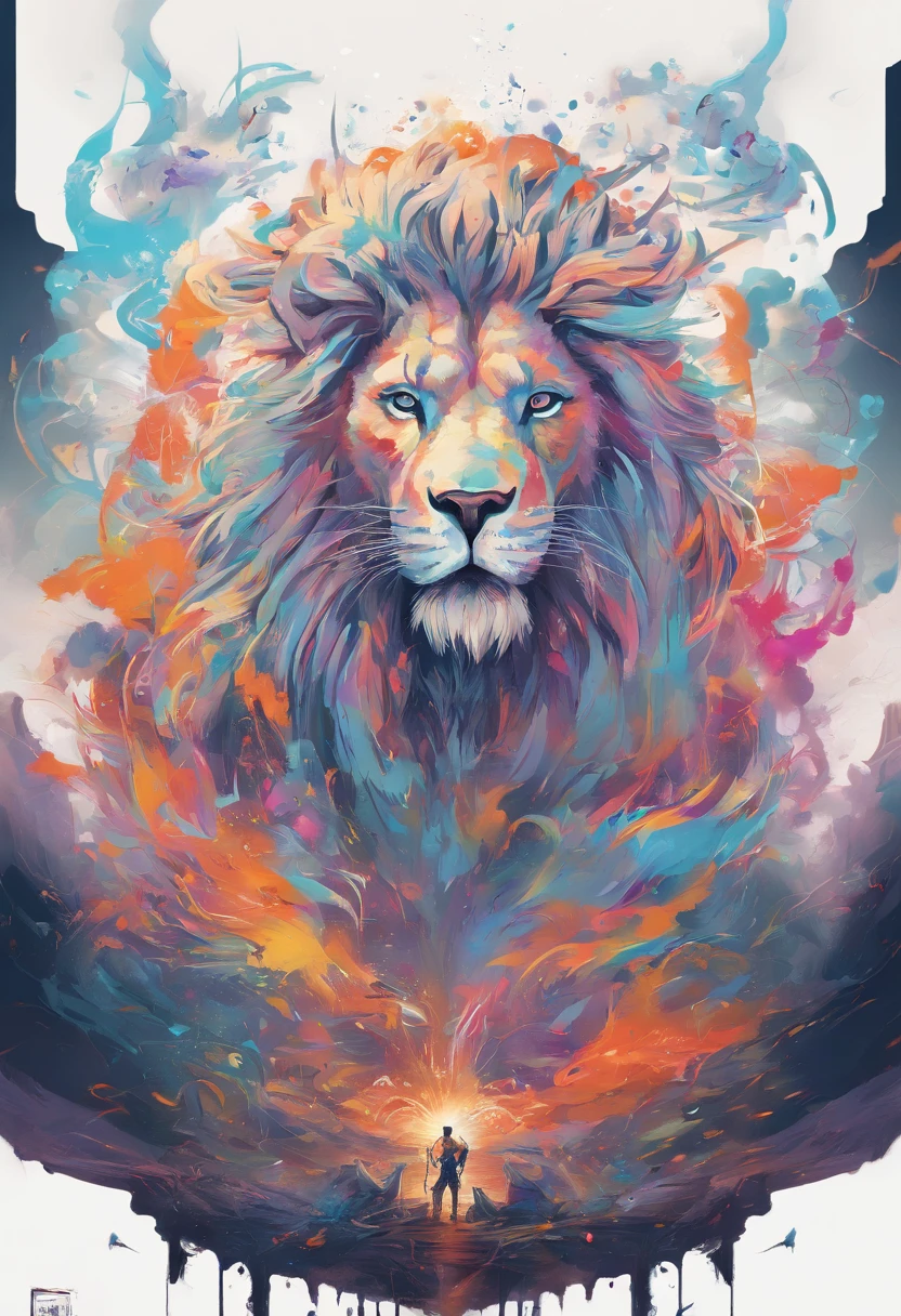 splashart, the Lion, ((white backgrounid)), piercing eyes, Epic Instagram, art stations, splash style of colourful paint, contours, Hyper-detailed intricate details, unreal-engine, fantasy, intricately details, splash image, complementary colours, fantasy concept art, 8k解像度, Deviantart's masterpiece, oil painted, Re-itinerary, paint drips, splashart