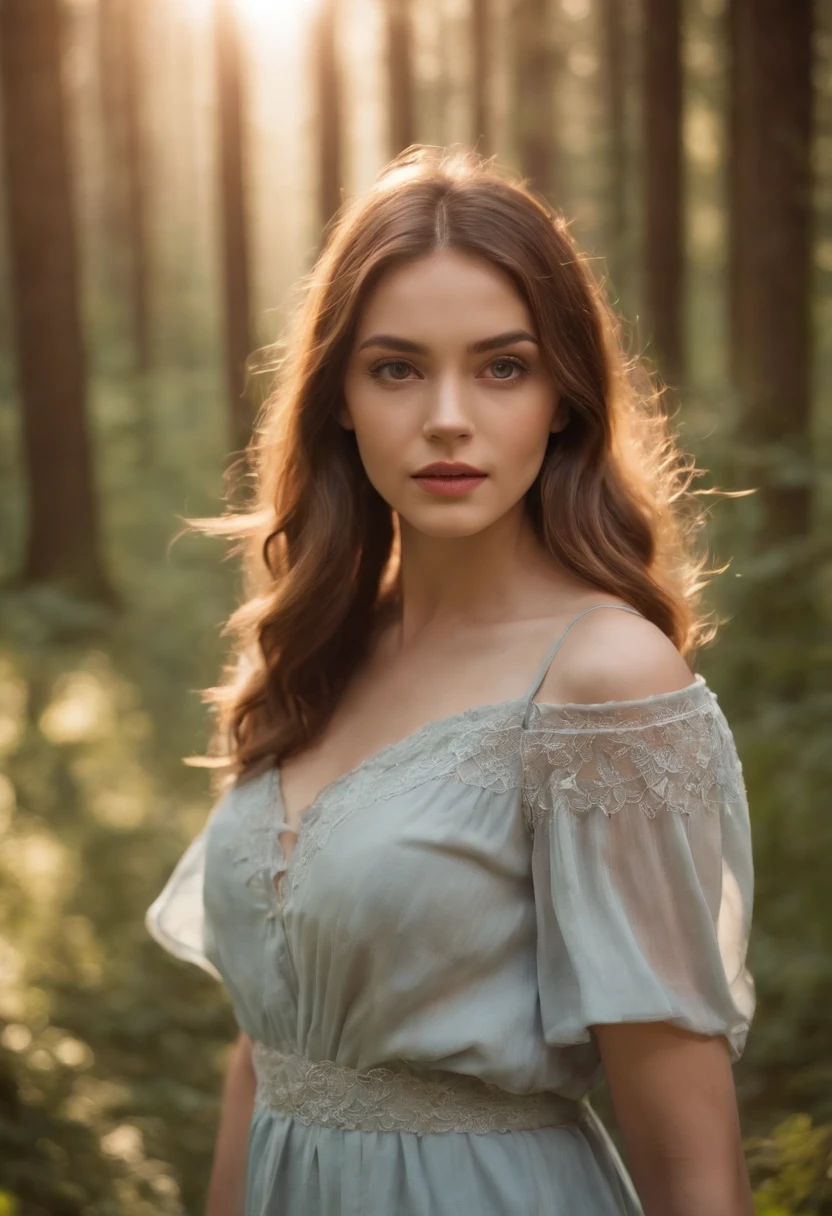 Girls walking in the forest，and the sun was shining brightly