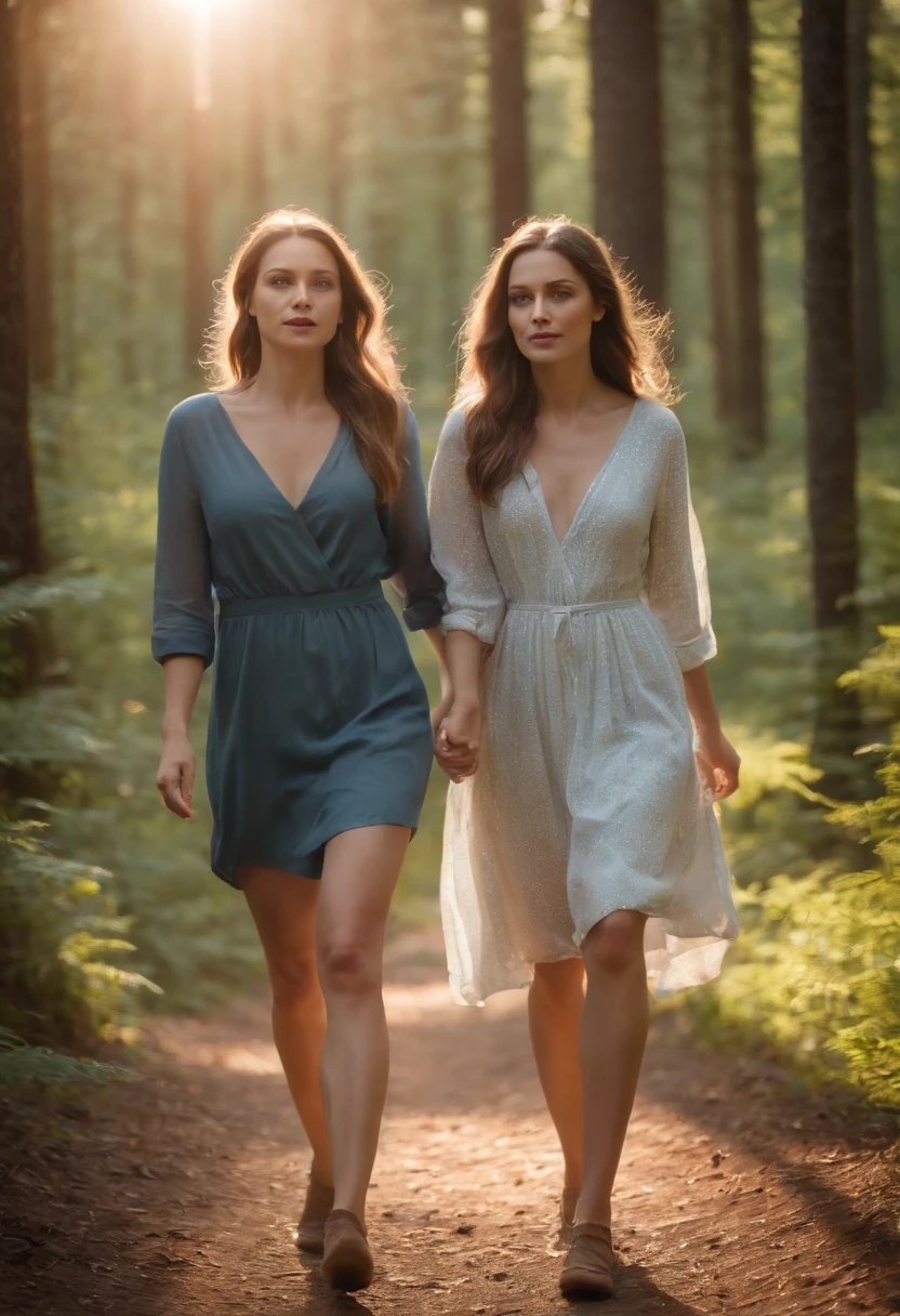 Girls walking in the forest，and the sun was shining brightly