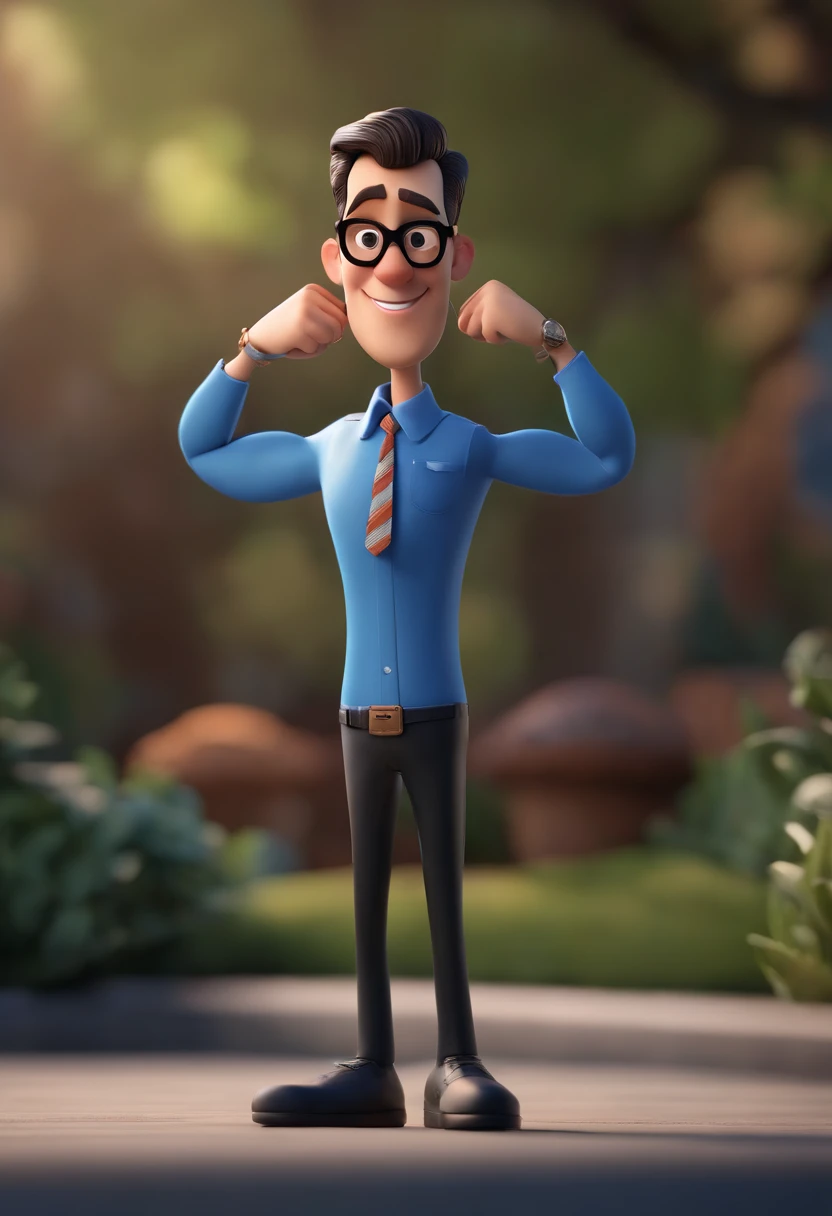 Cartoon character of a man wearing black glasses and a blue shirt, um personagem animado, Caractere estilizado, animation style rendering, 3D estilizado, Arnold Maya render, 3 d render stylized, toon render keyshot, Personagem 3D, Personagem 3D, 3d rendering stylized, 3 d character render, personagem de desenho animado, Personagem de close up, Pose de personagem, (Estilo Pixar) (master part:1.2) (Bokeh) (best quality) (pele detalhada) (textura detalhada) (8k) (argila) (Cinematic lighting) (foco nítido,Senta e vaza a parte superior do corpo