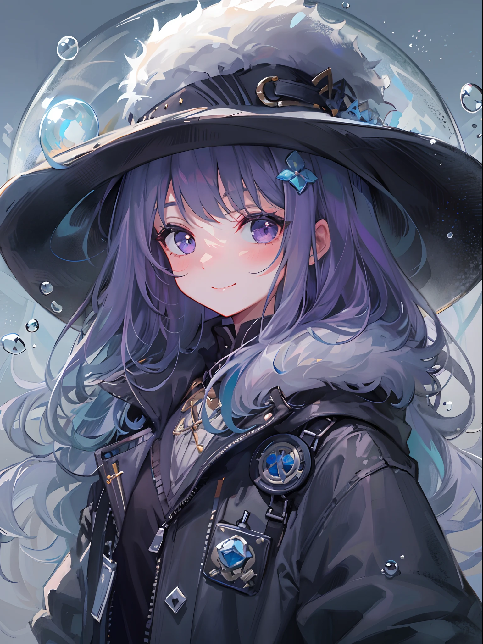 ((top-quality)), ((masterpiece)), ((ultra-detailliert)), (extremely delicate and beautiful), girl with, 独奏, cold attitude,((Black jacket)),She is very(relax)with the(Settled down)Looks,depth of fields,evil smile,Bubble, under the water, Air bubble,Bright purple eyes,Inner color with gray hair and purple tips,Cold background,Long Hair - Linear Art, appearance、Black hat、Fortune teller's style