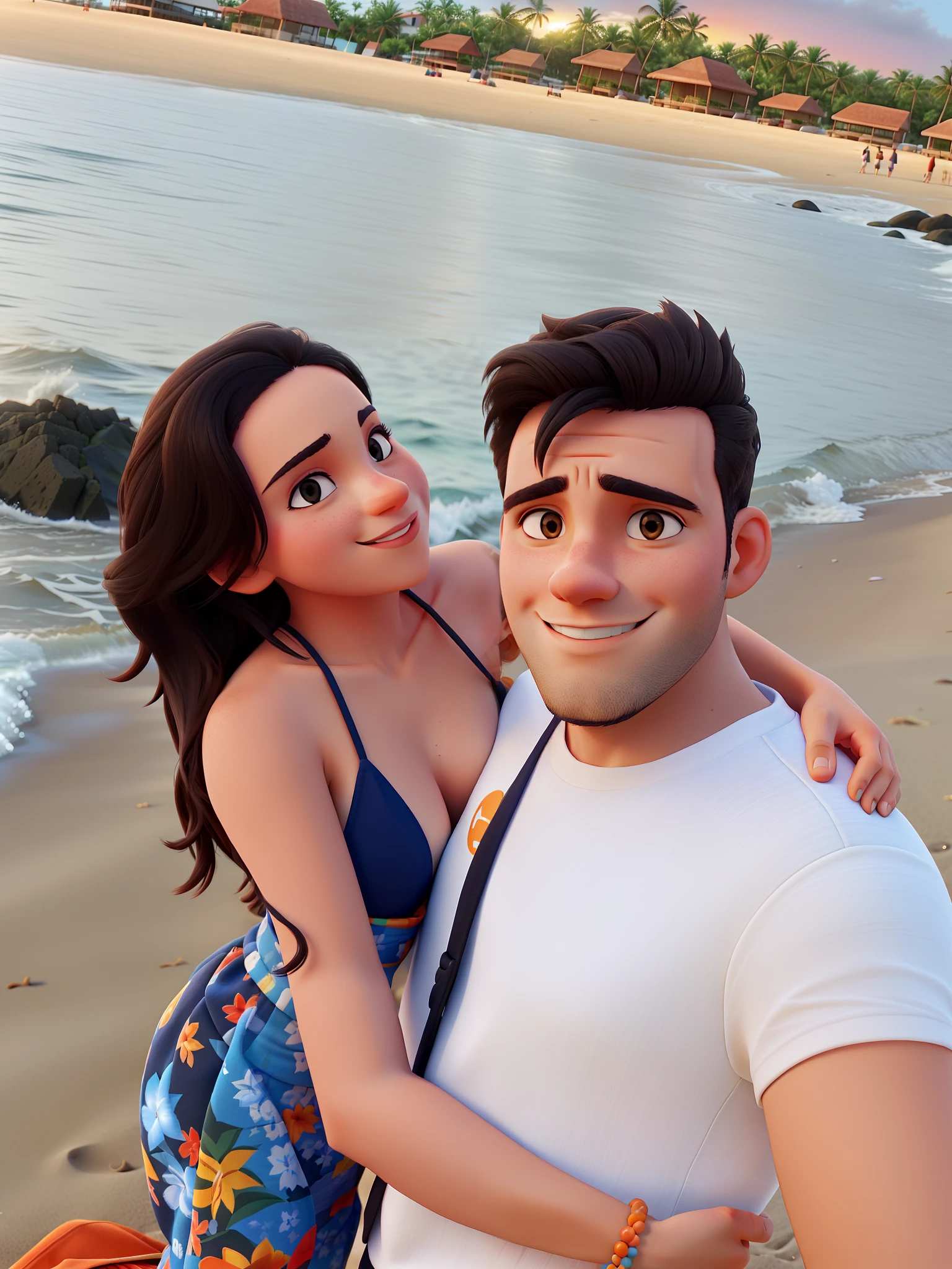 A couple on the beach at sunset and in the background the beach with orange late afternoon sky